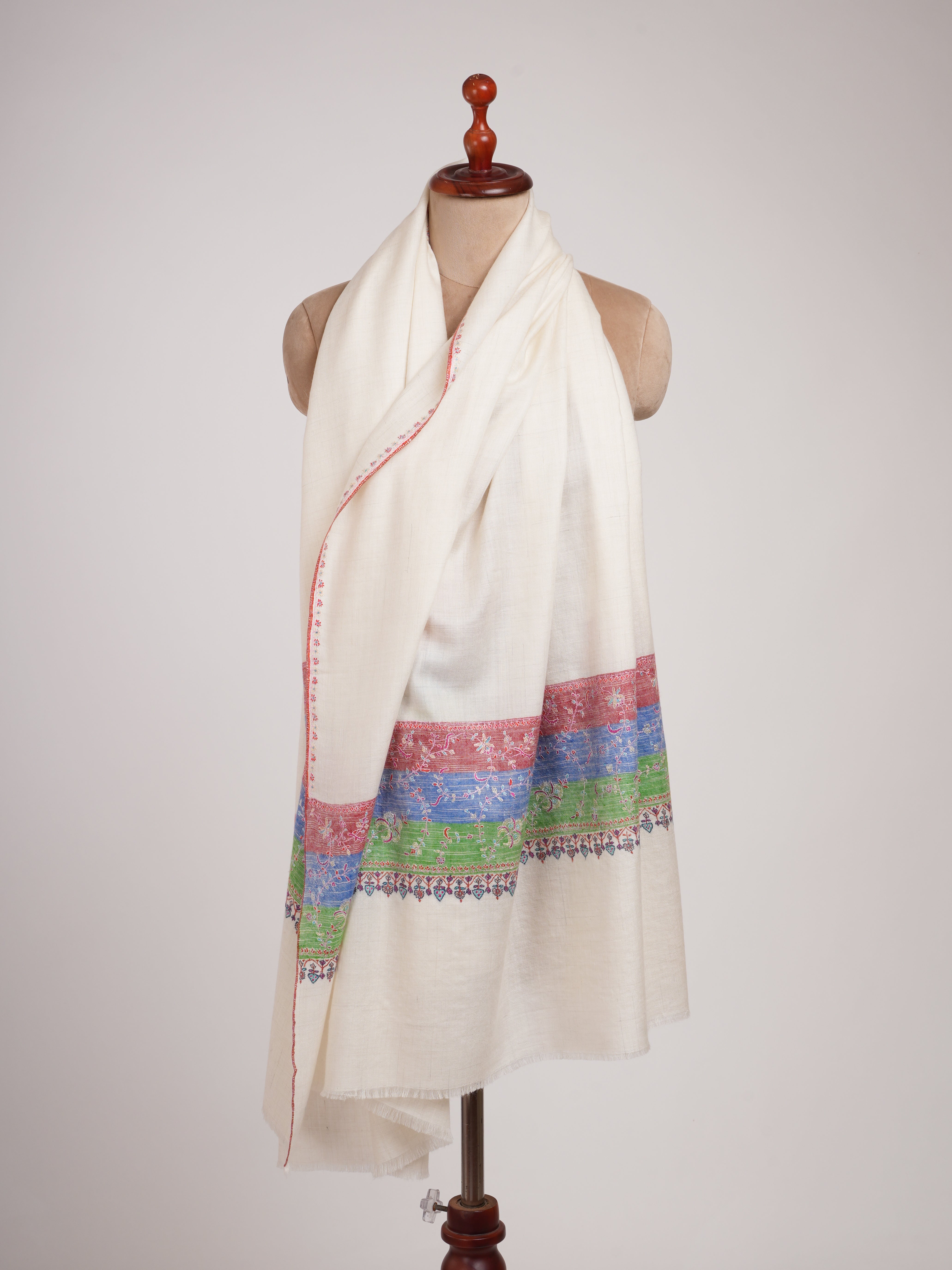 Off White Pashmina Shawl with Contrast Red Blue Green Palla