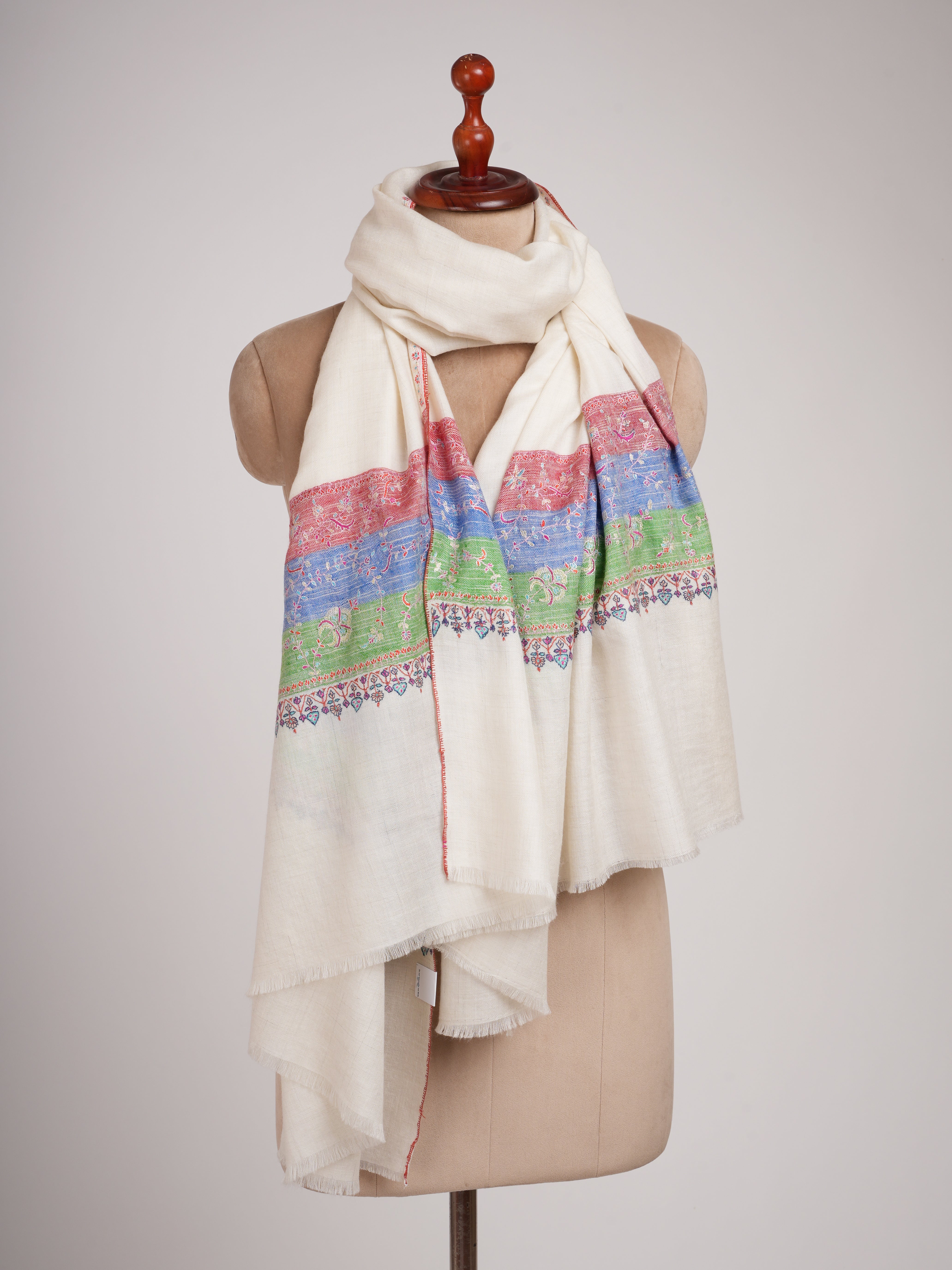 Off White Pashmina Shawl with Contrast Red Blue Green Palla