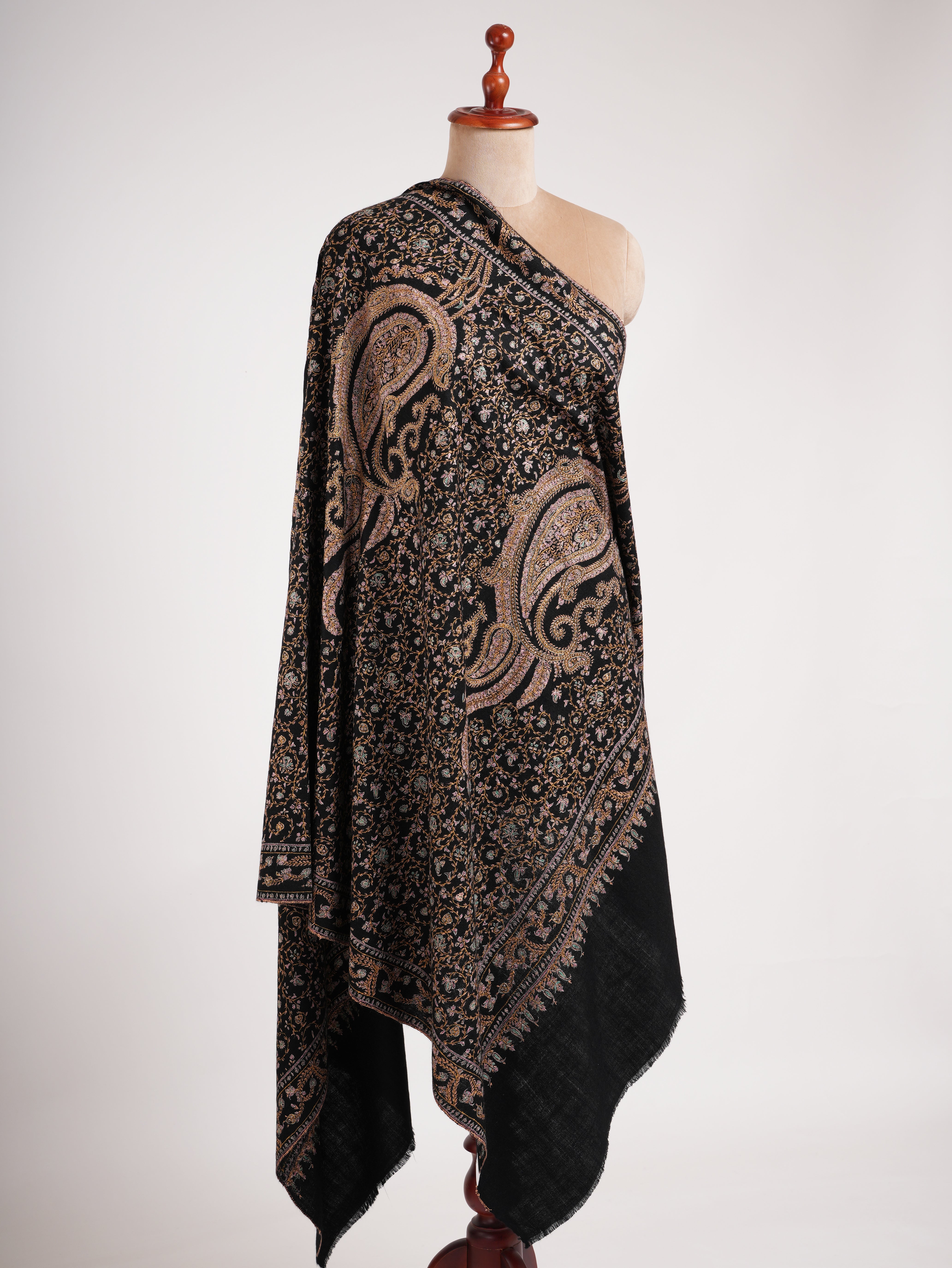 Black Pashmina Shawl with Embroidered Paisley Motif