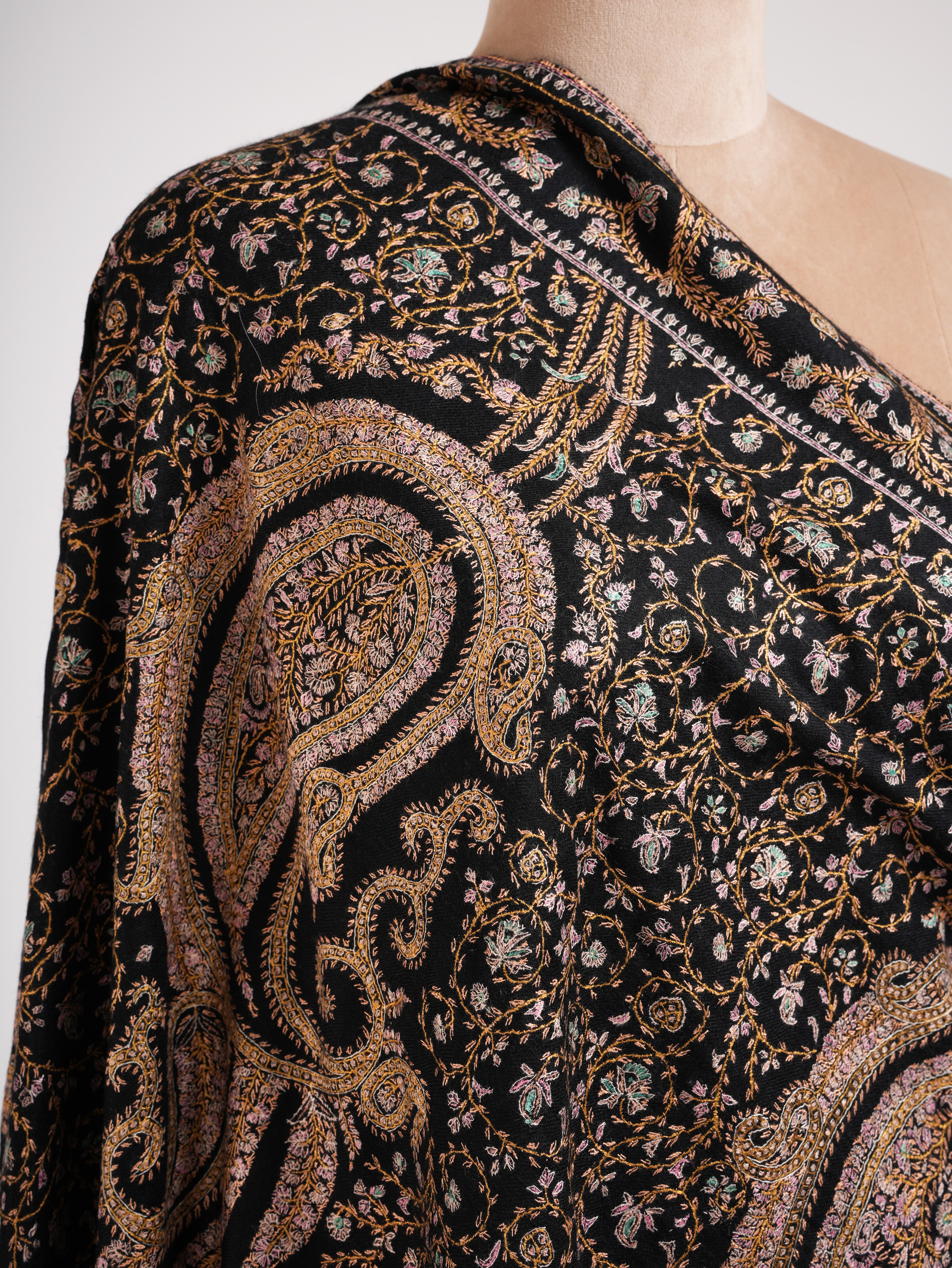 Black Pashmina Shawl with Embroidered Paisley Motif