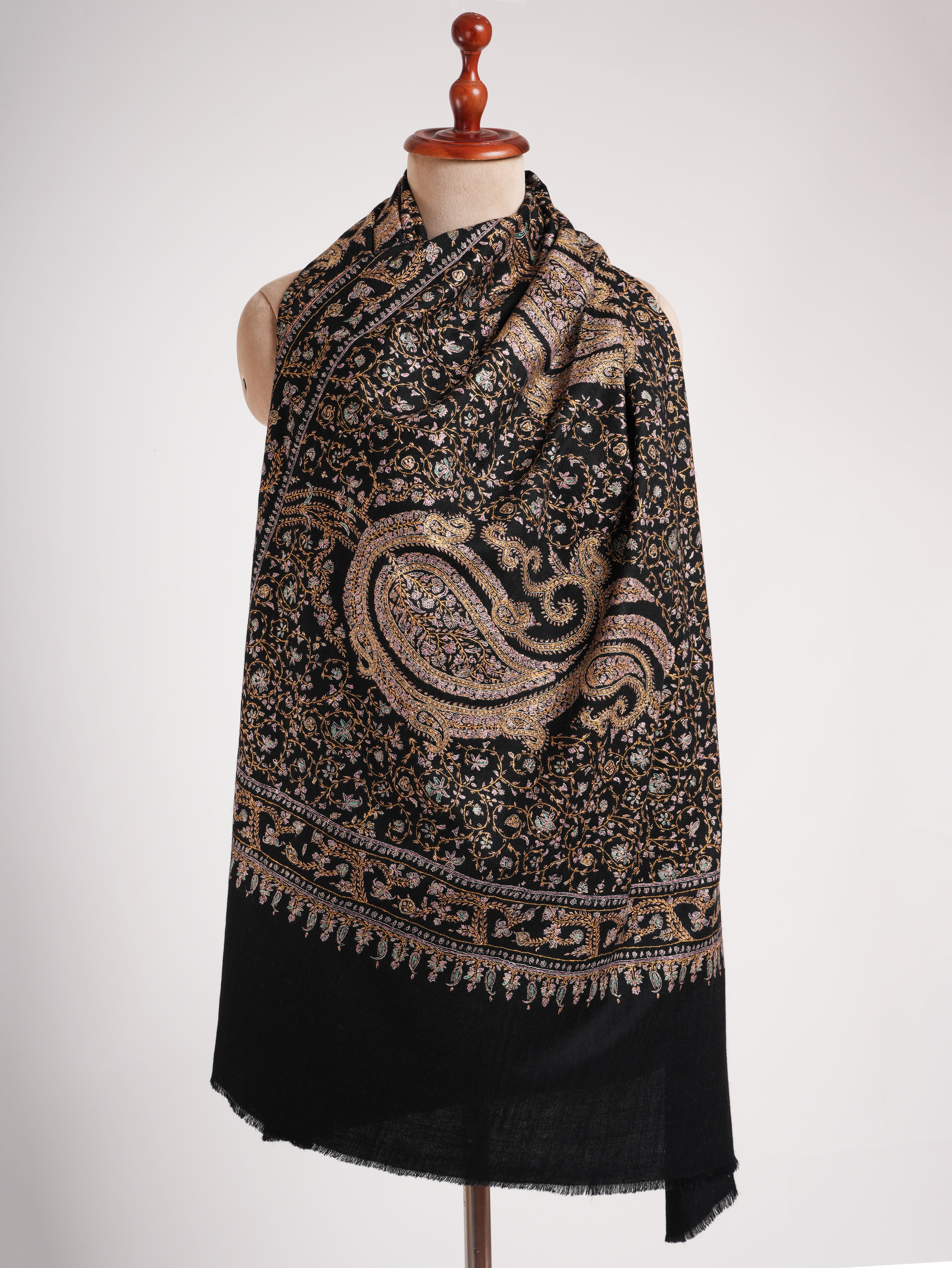 Black Pashmina Shawl with Embroidered Paisley Motif