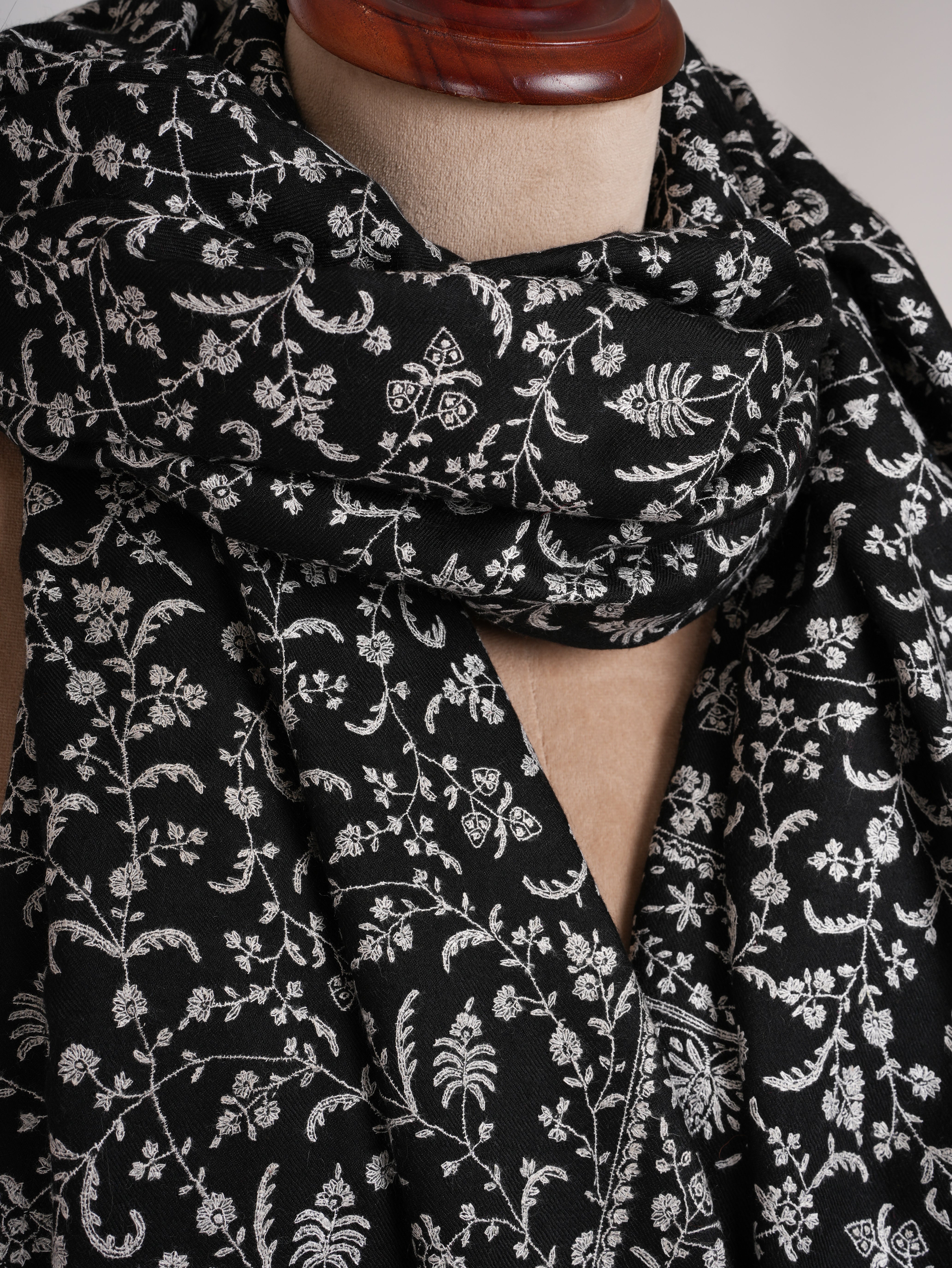 Black 1.25 Gaz Pashmina Shawl with White Sozni Embroidery