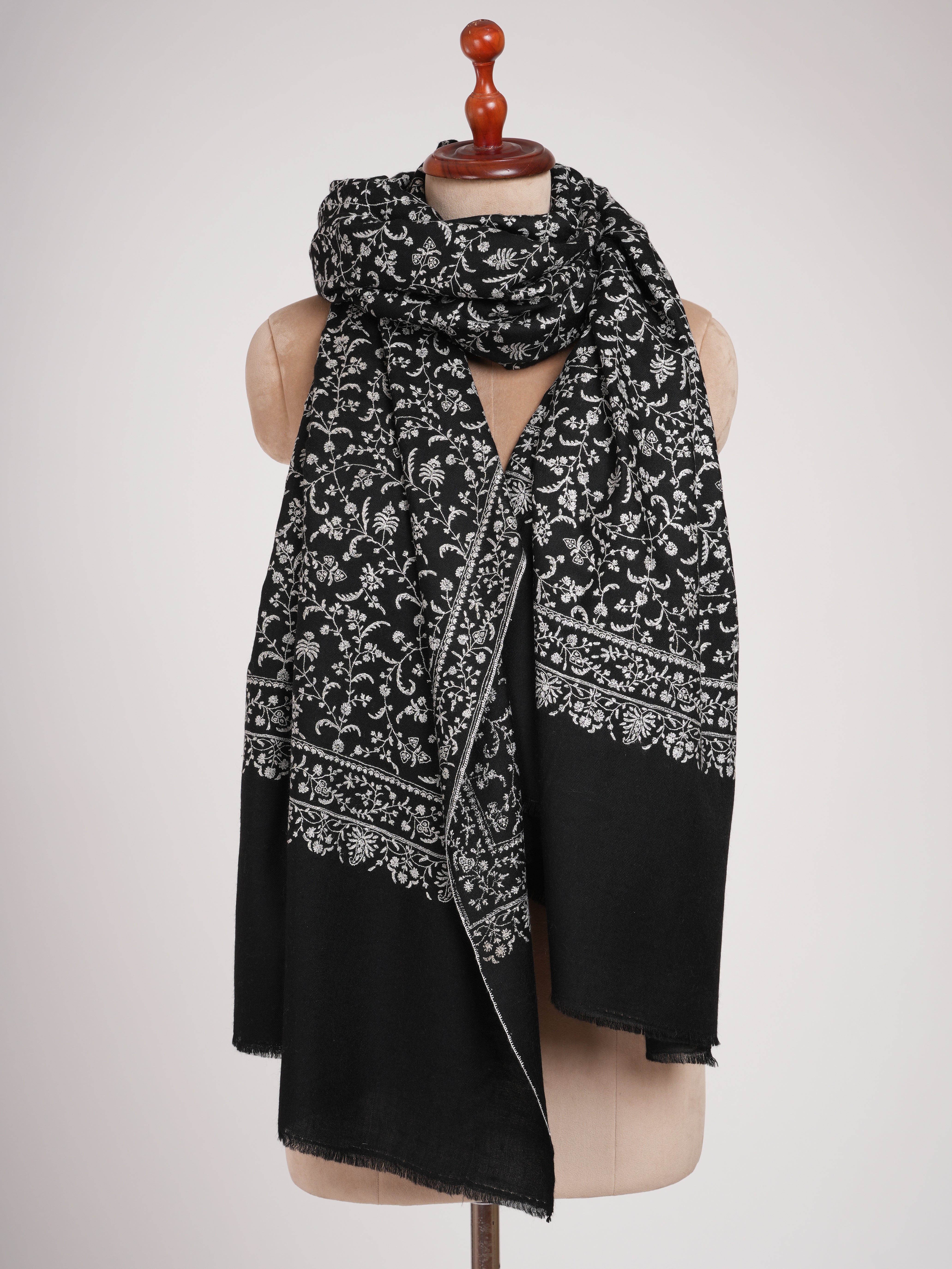 Black 1.25 Gaz Pashmina Shawl with White Sozni Embroidery