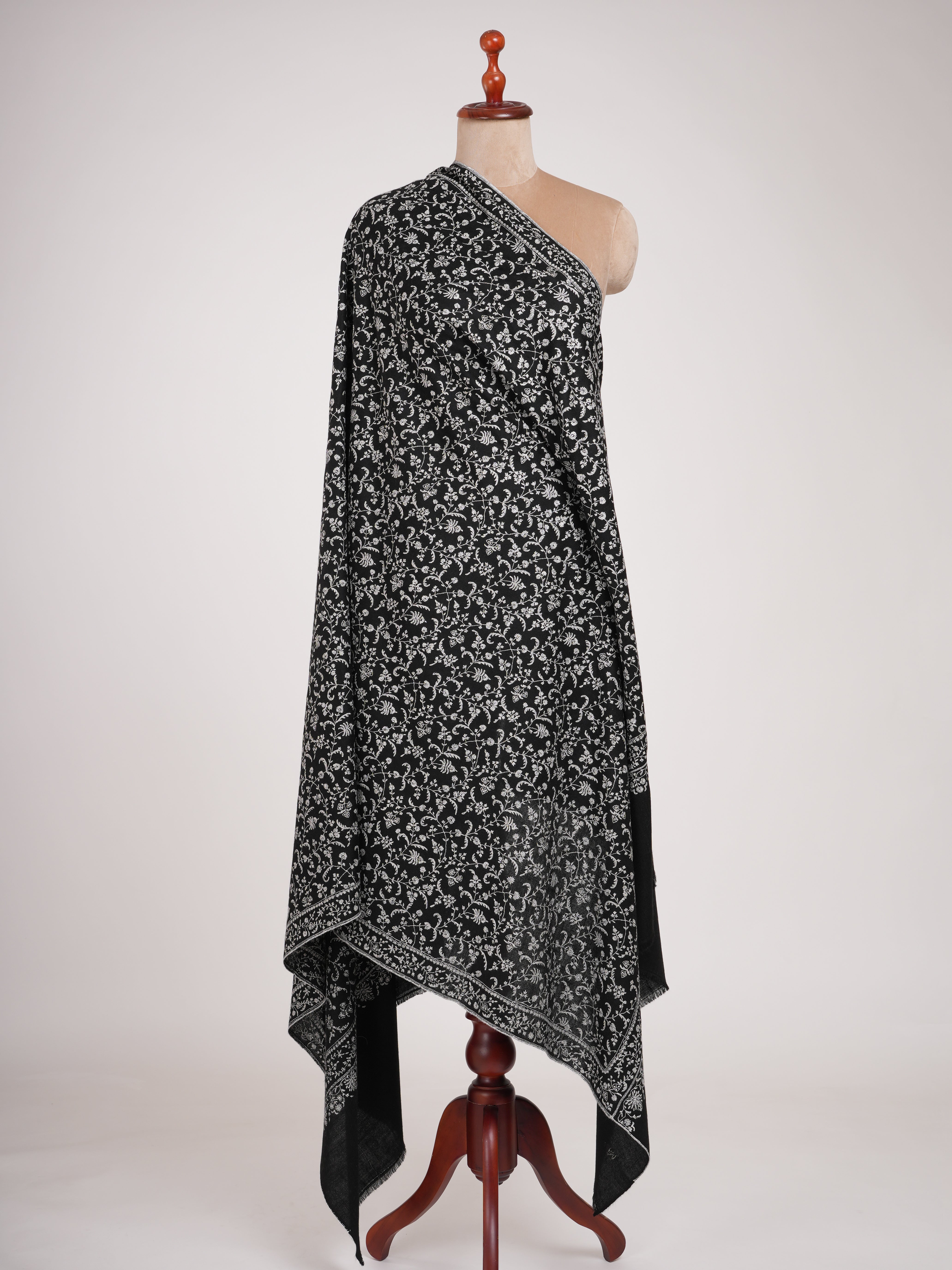 Black 1.25 Gaz Pashmina Shawl with White Sozni Embroidery