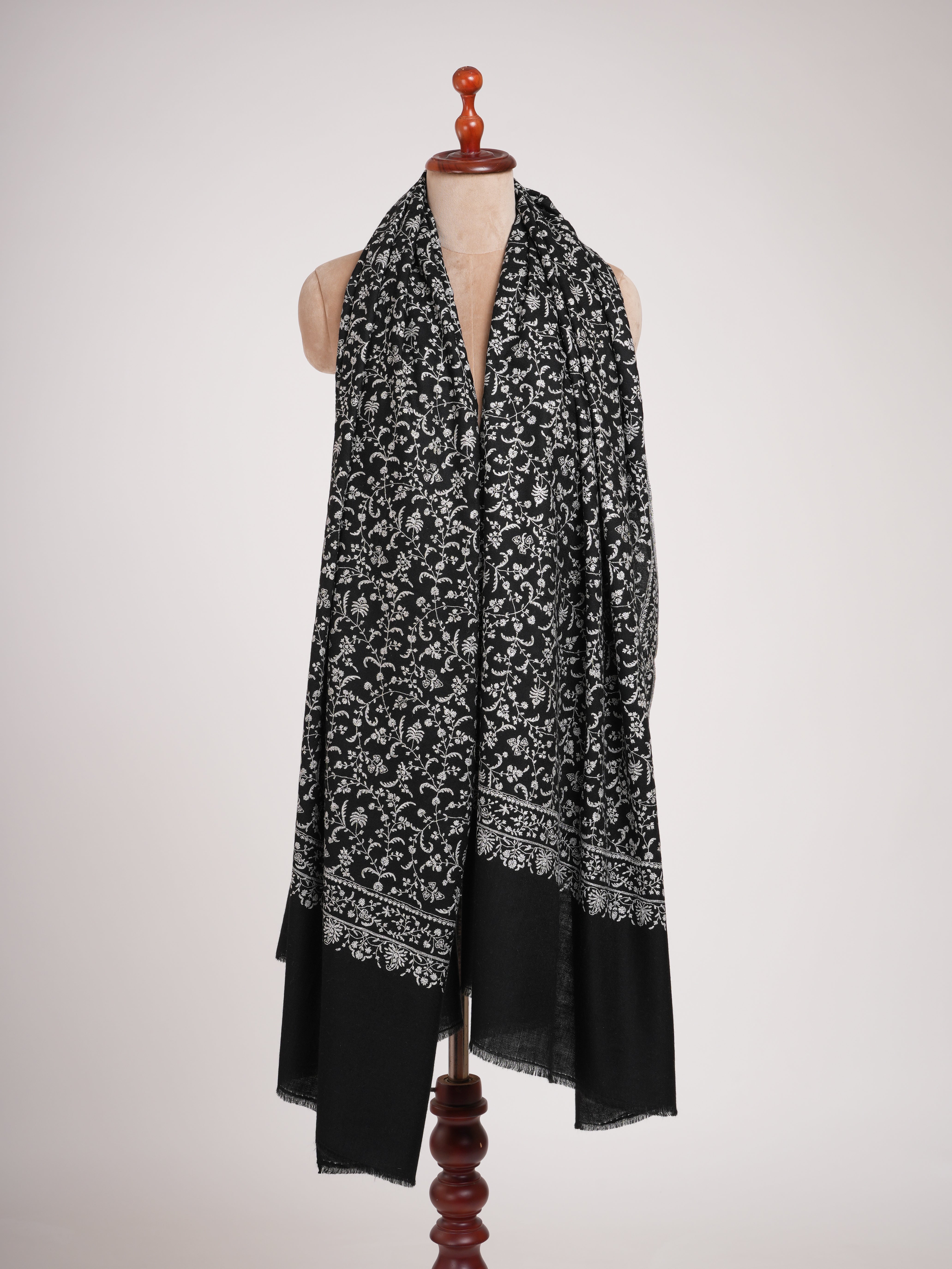 Black 1.25 Gaz Pashmina Shawl with White Sozni Embroidery