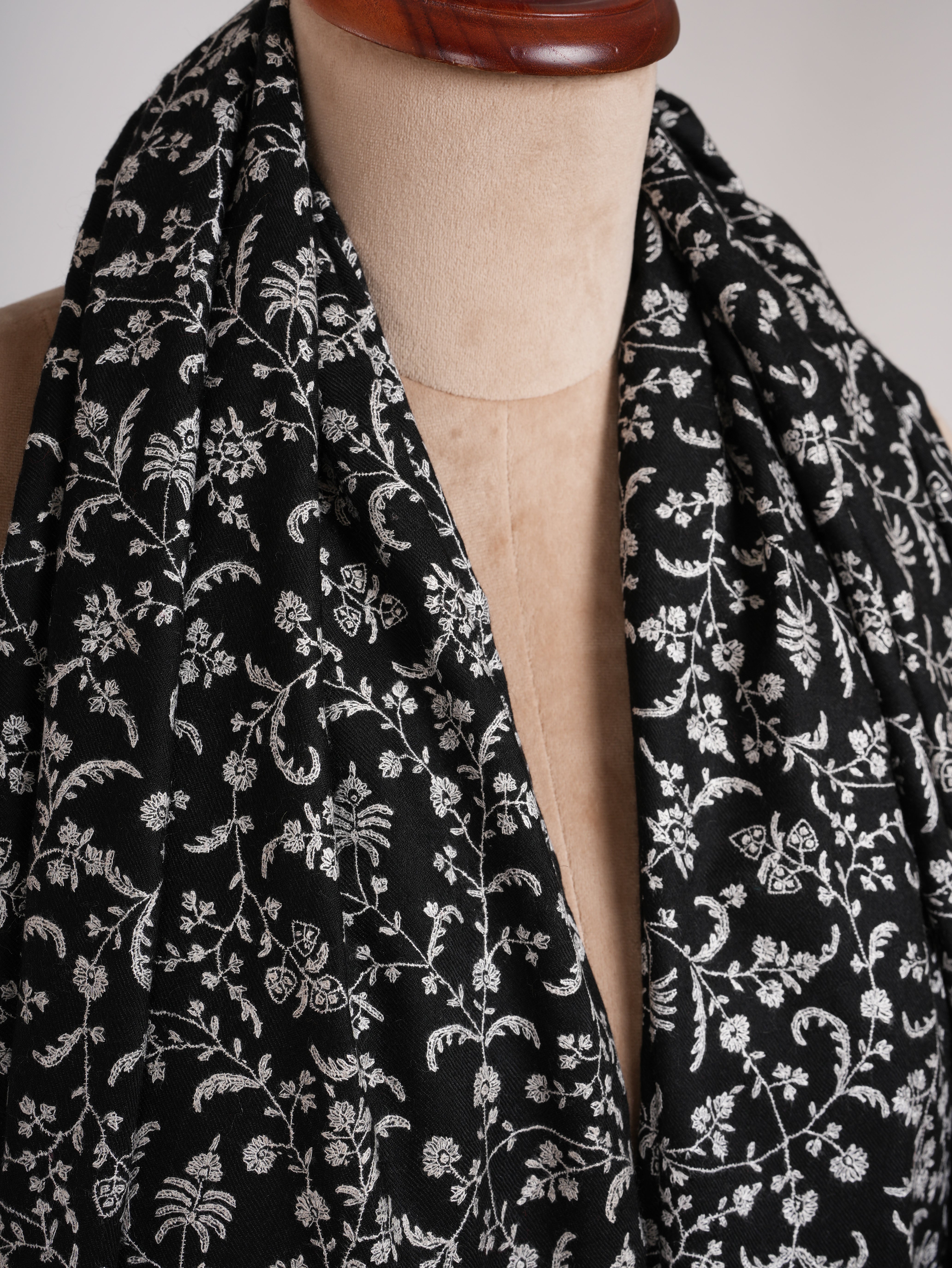 Black 1.25 Gaz Pashmina Shawl with White Sozni Embroidery