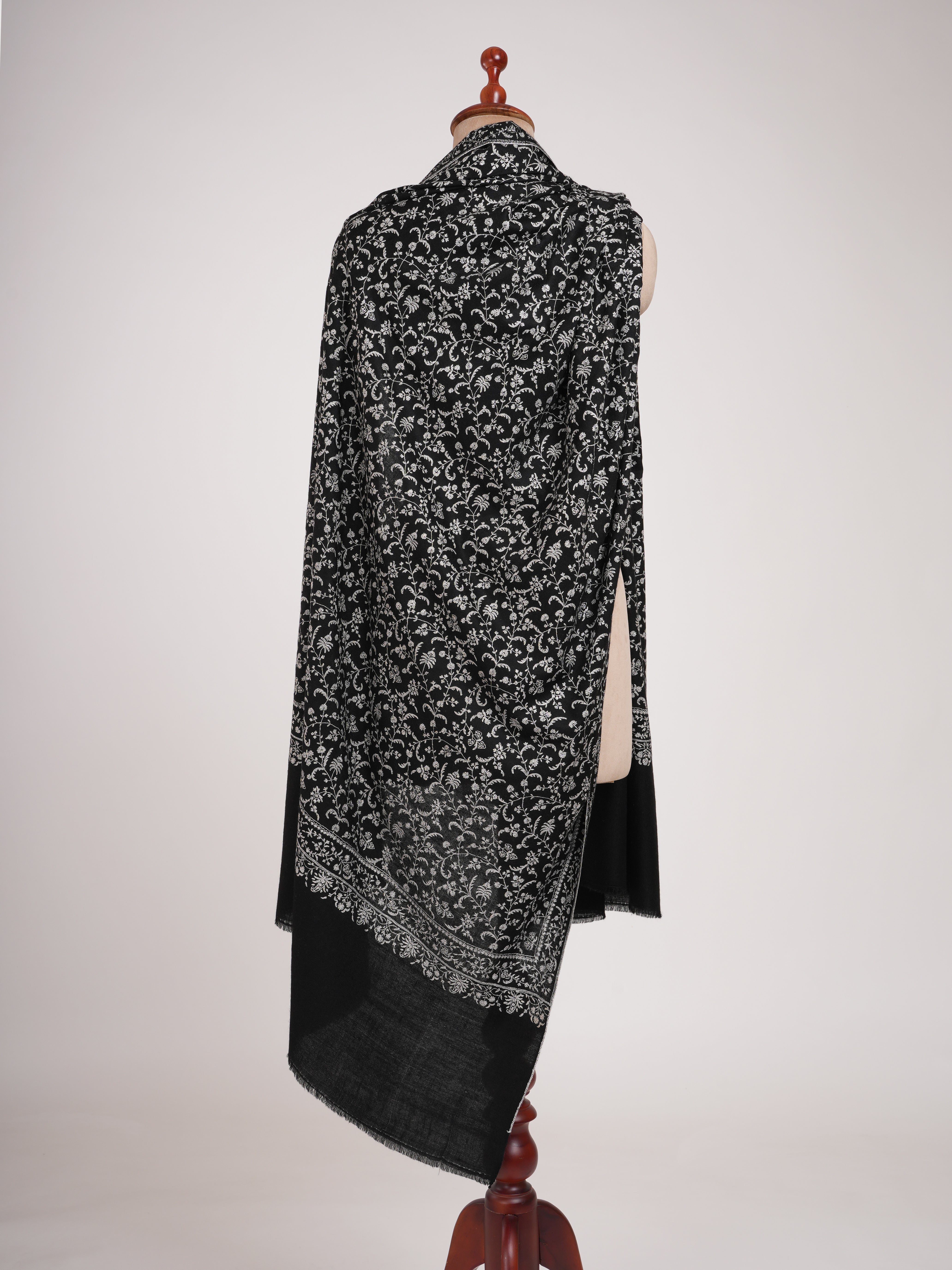 Black 1.25 Gaz Pashmina Shawl with White Sozni Embroidery