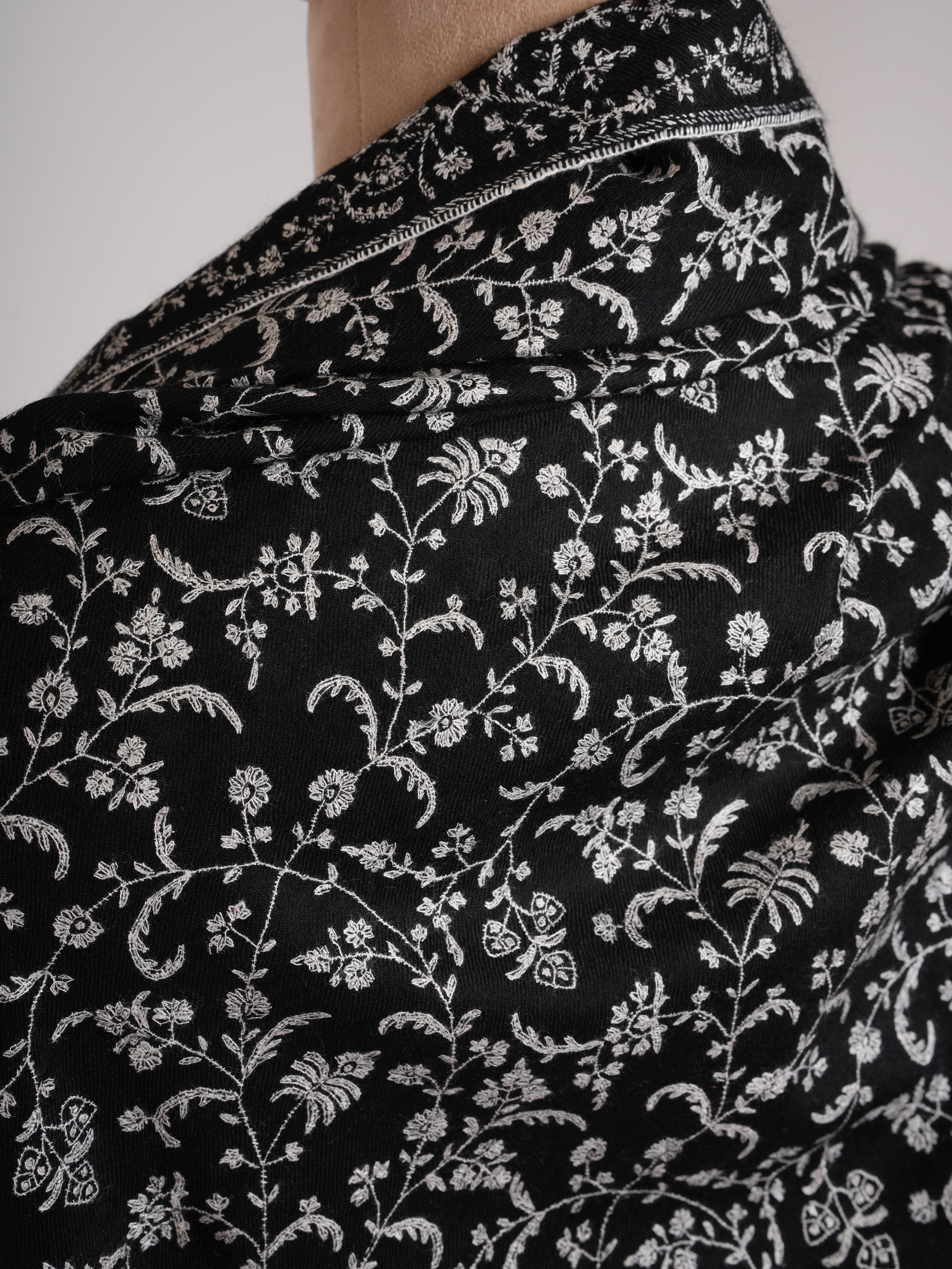 Black 1.25 Gaz Pashmina Shawl with White Sozni Embroidery