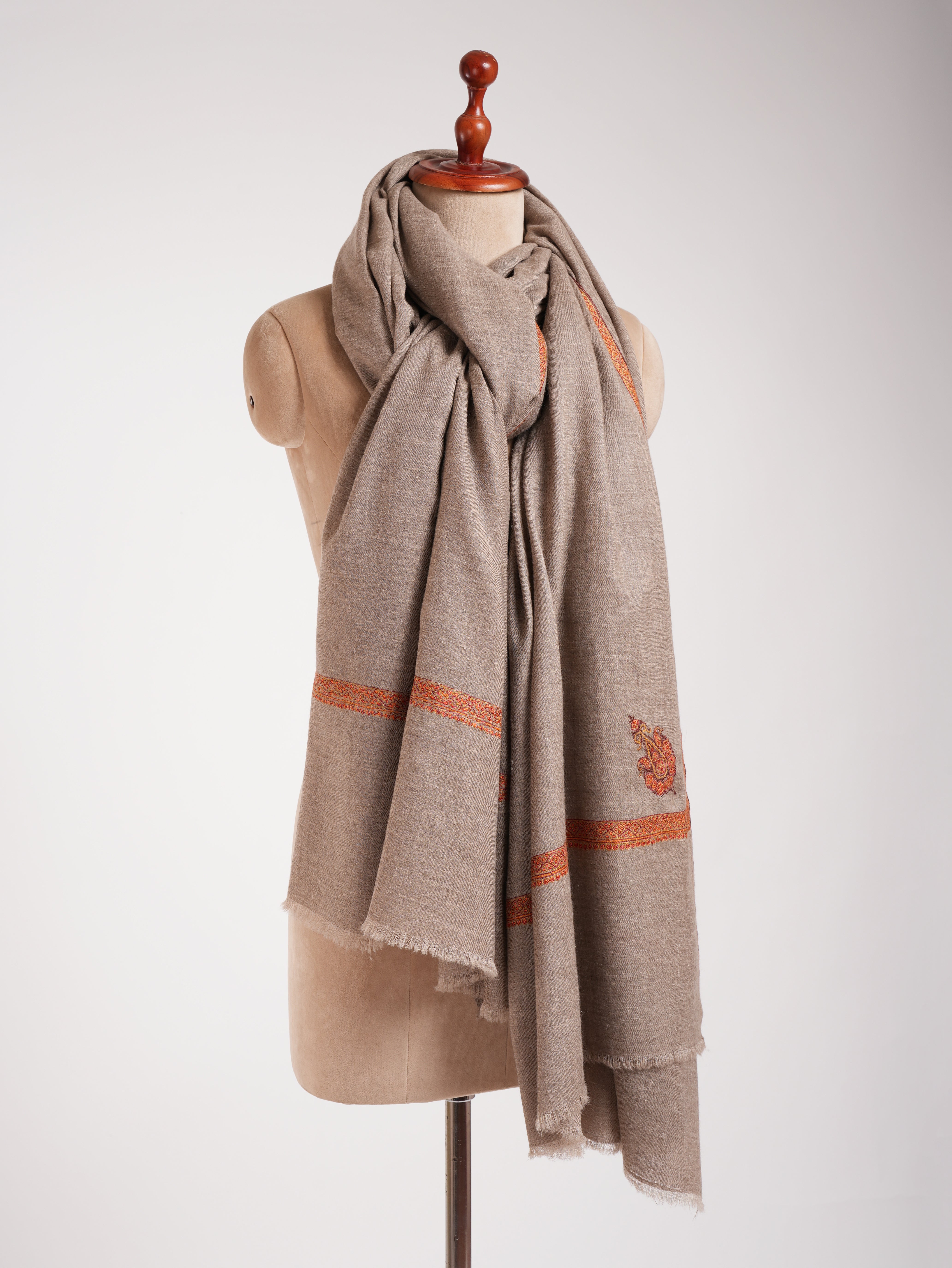 Oversized Natural Grey Hand embroidered Pashmina Shawl