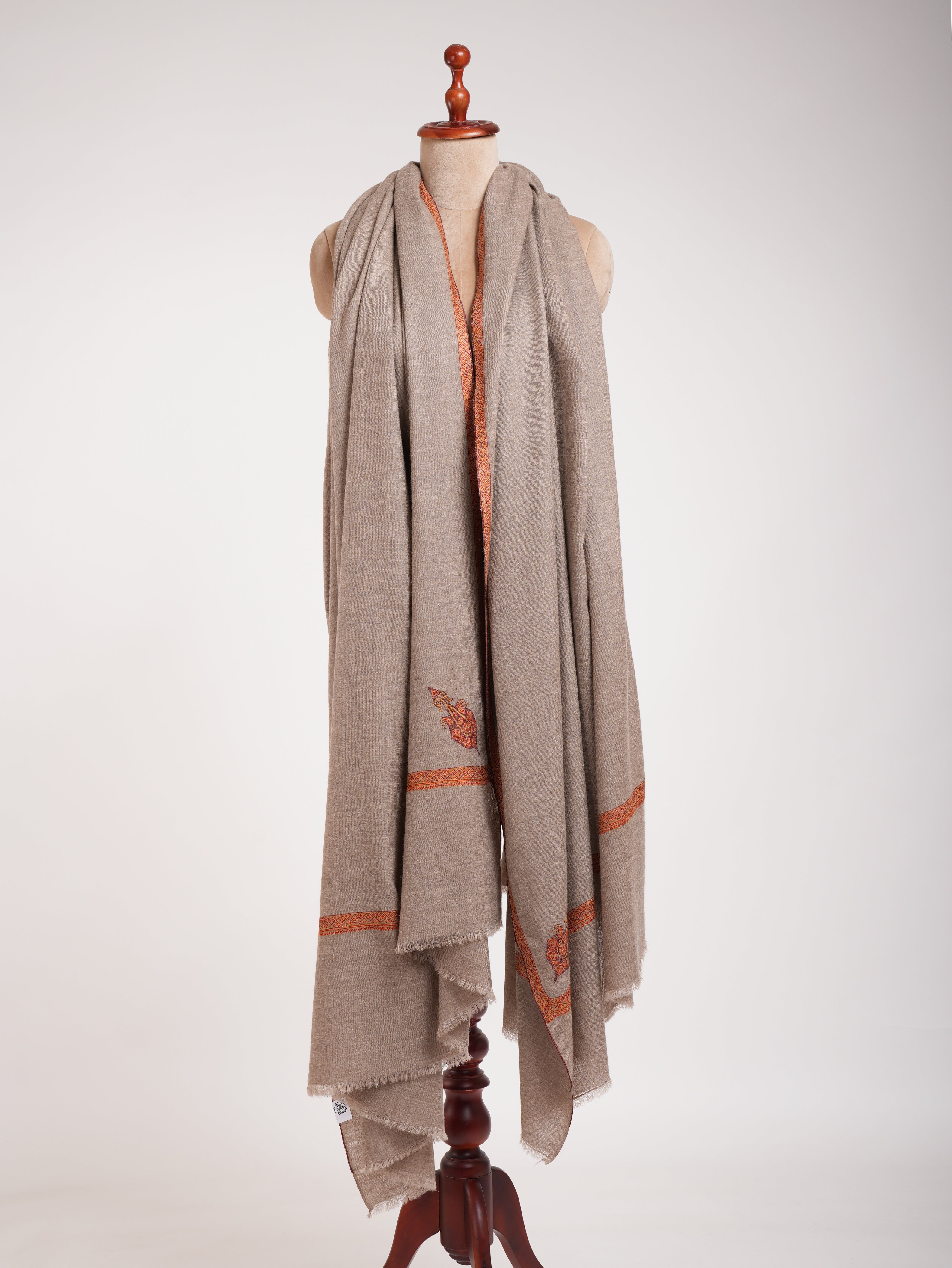 Oversized Natural Grey Hand embroidered Pashmina Shawl