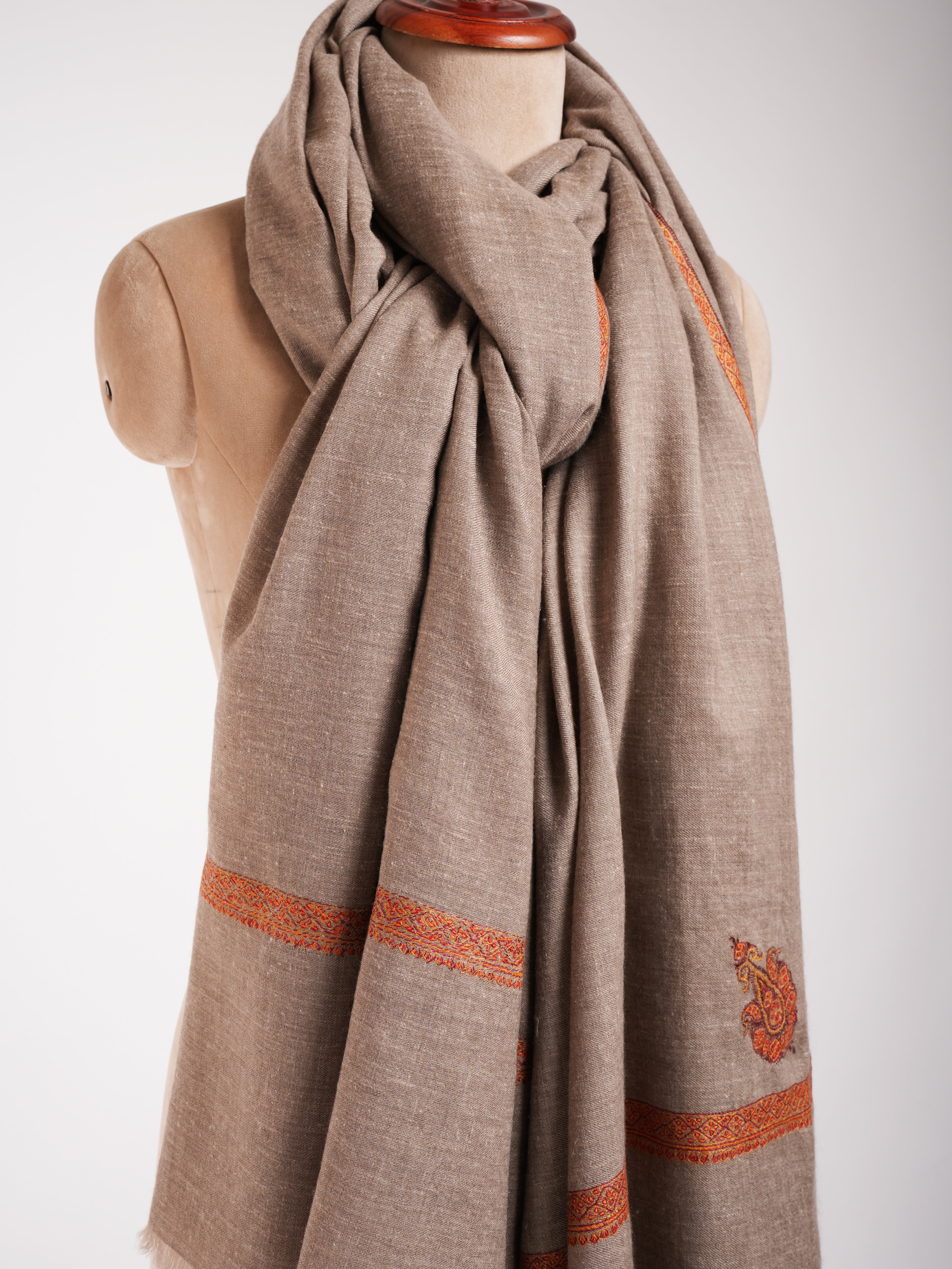 Oversized Natural Grey Hand embroidered Pashmina Shawl