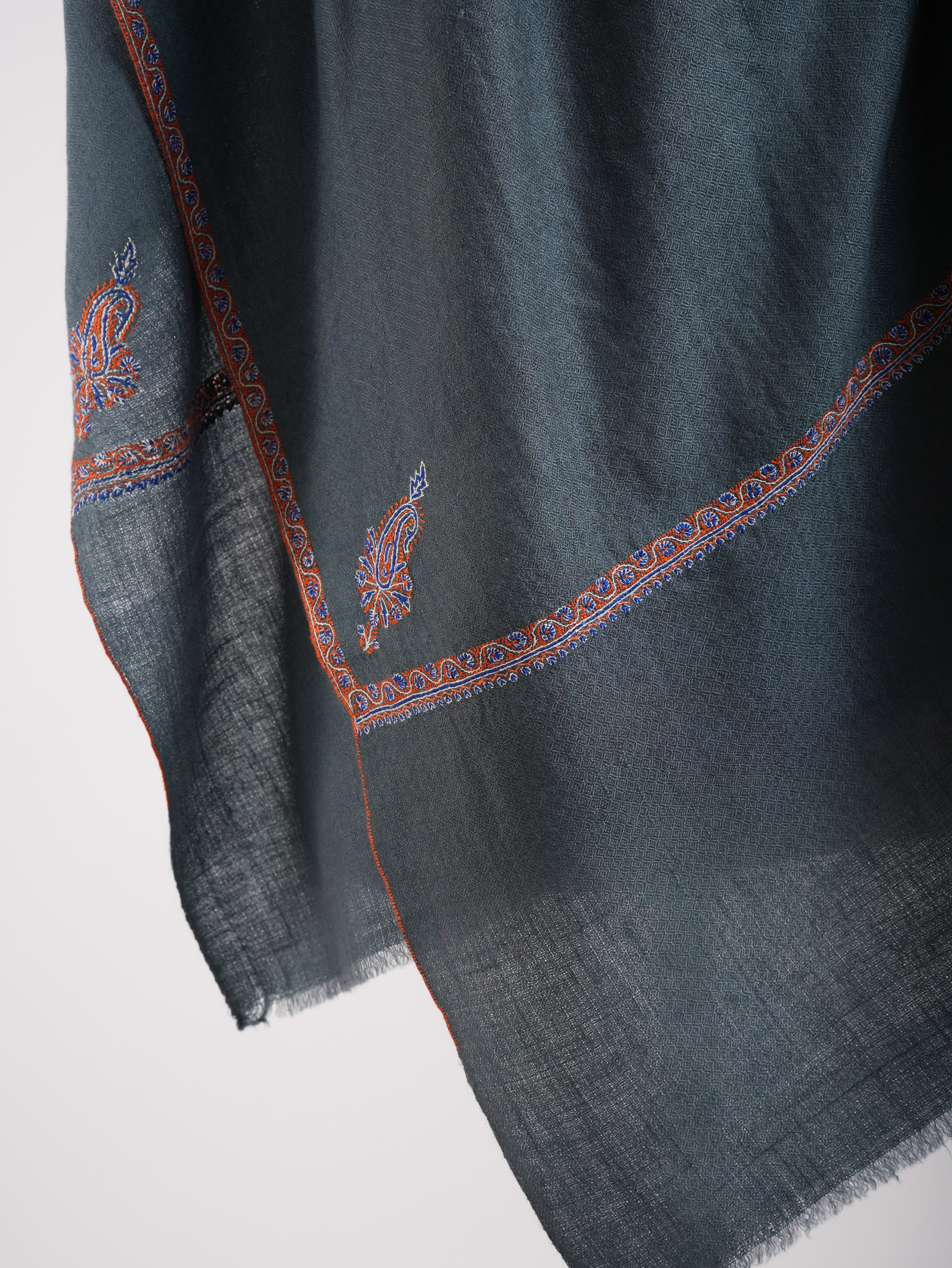 Minimalistic Fine Embroidered Denim Color Pashmina Shawl