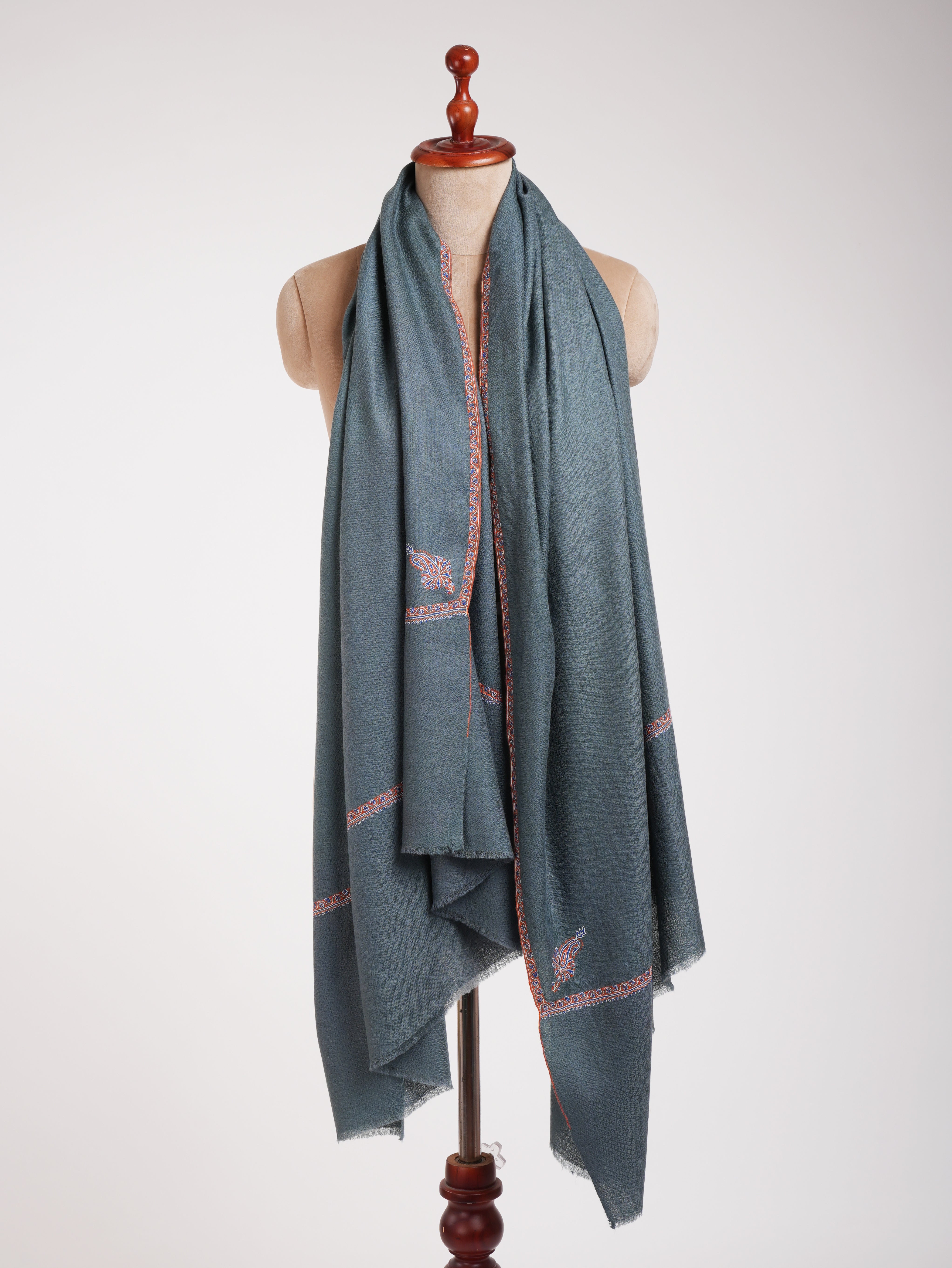 Minimalistic Fine Embroidered Denim Color Pashmina Shawl