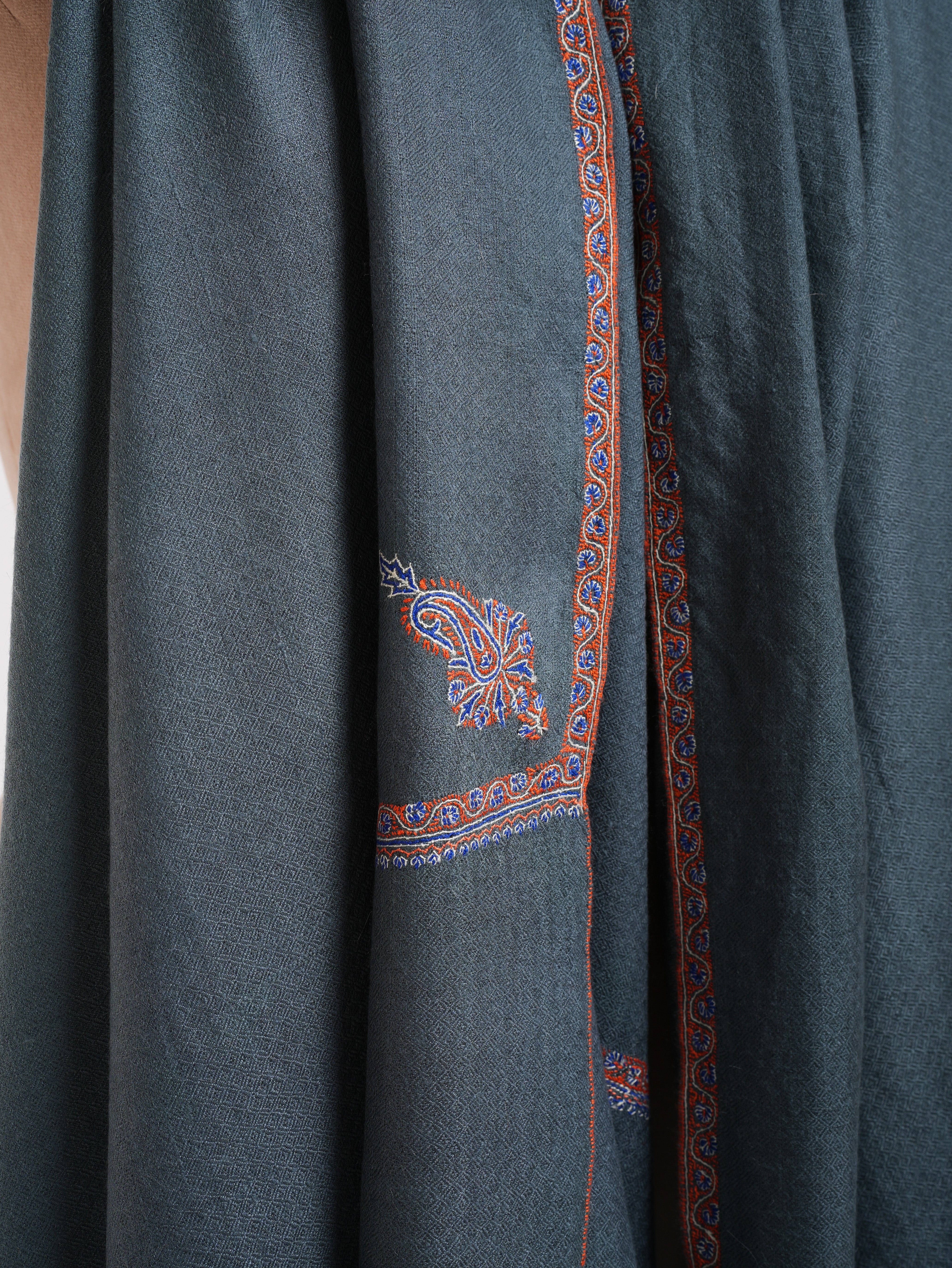 Minimalistic Fine Embroidered Denim Color Pashmina Shawl