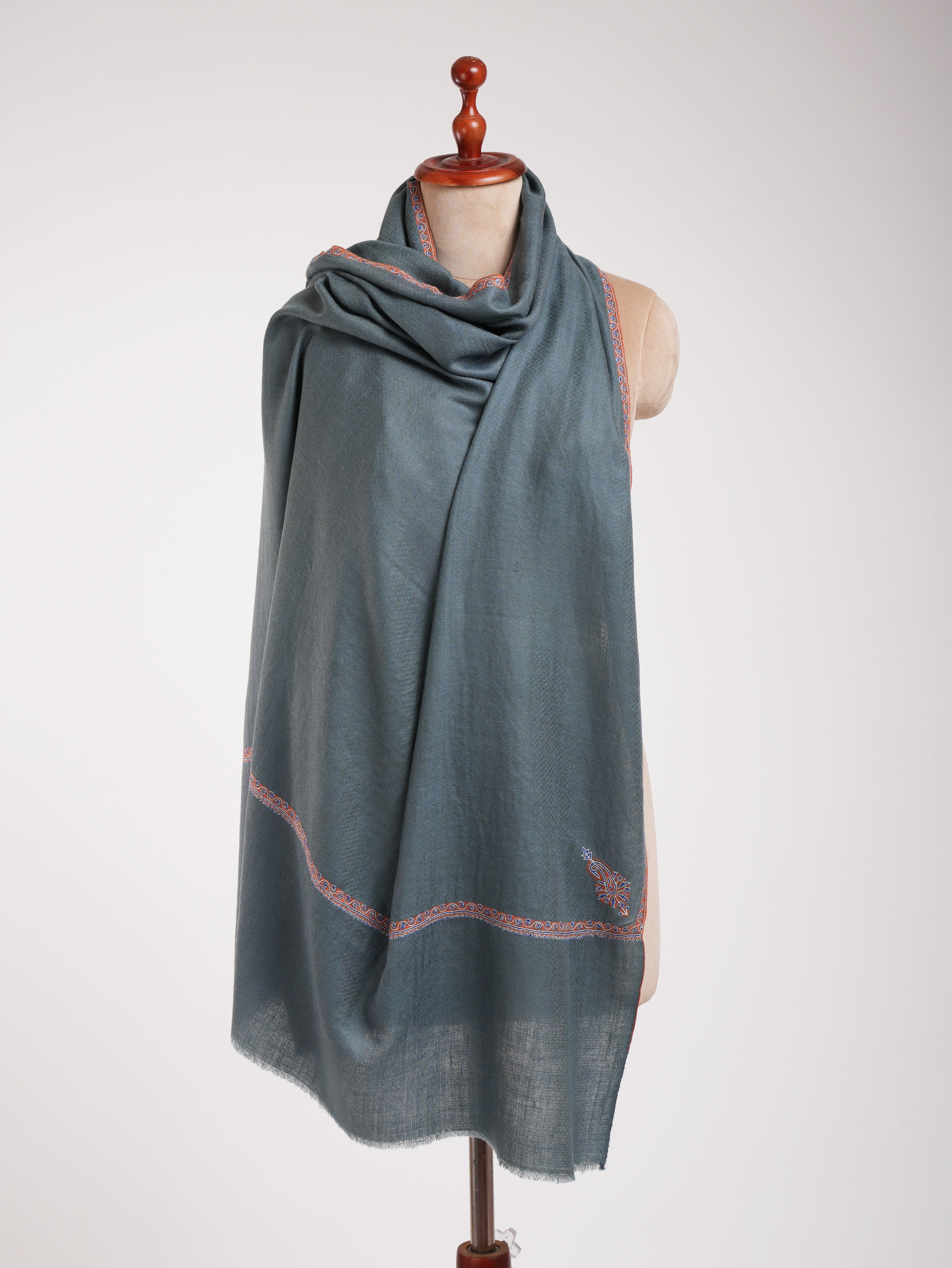 Minimalistic Fine Embroidered Denim Color Pashmina Shawl