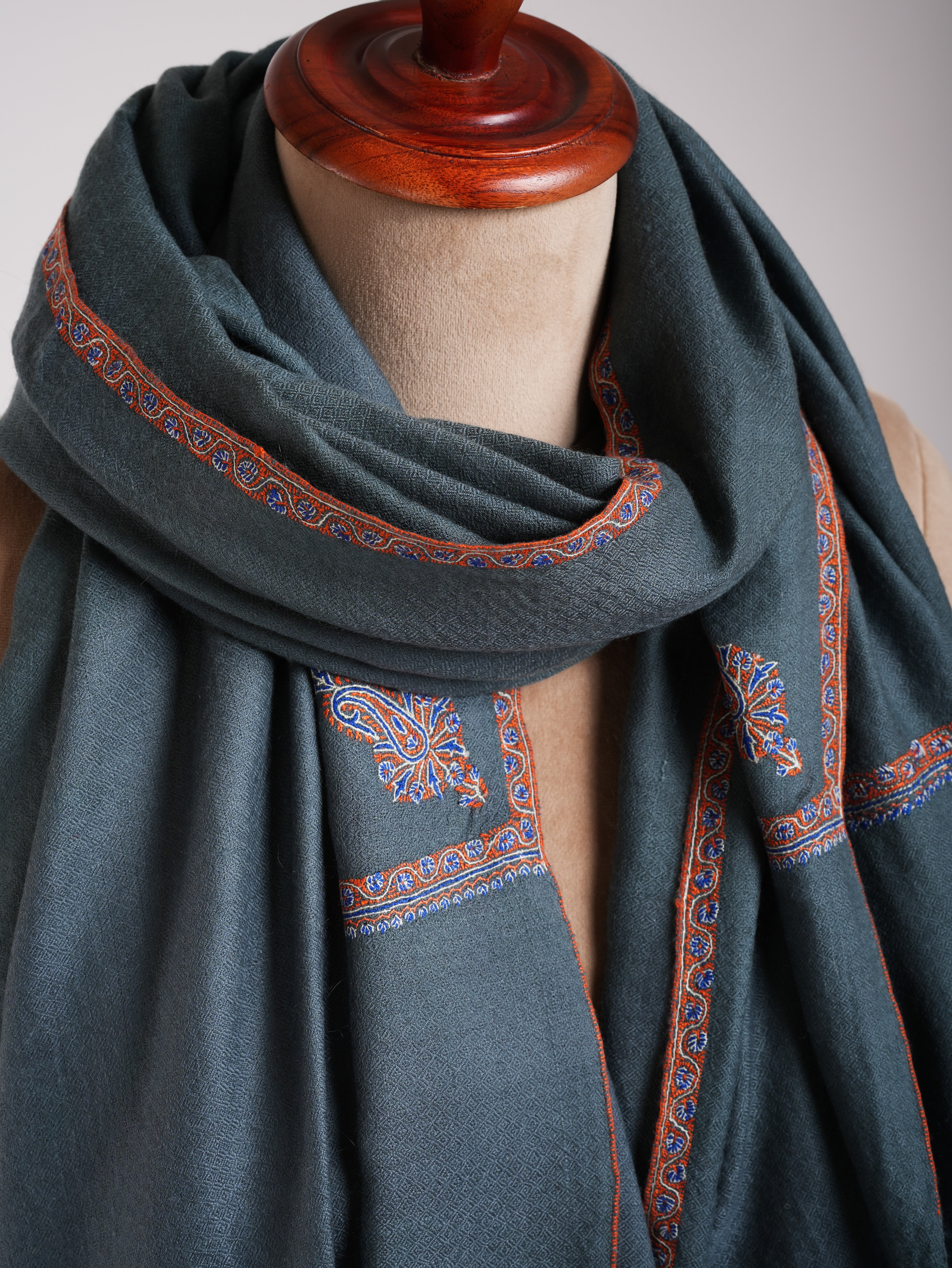 Minimalistic Fine Embroidered Denim Color Pashmina Shawl