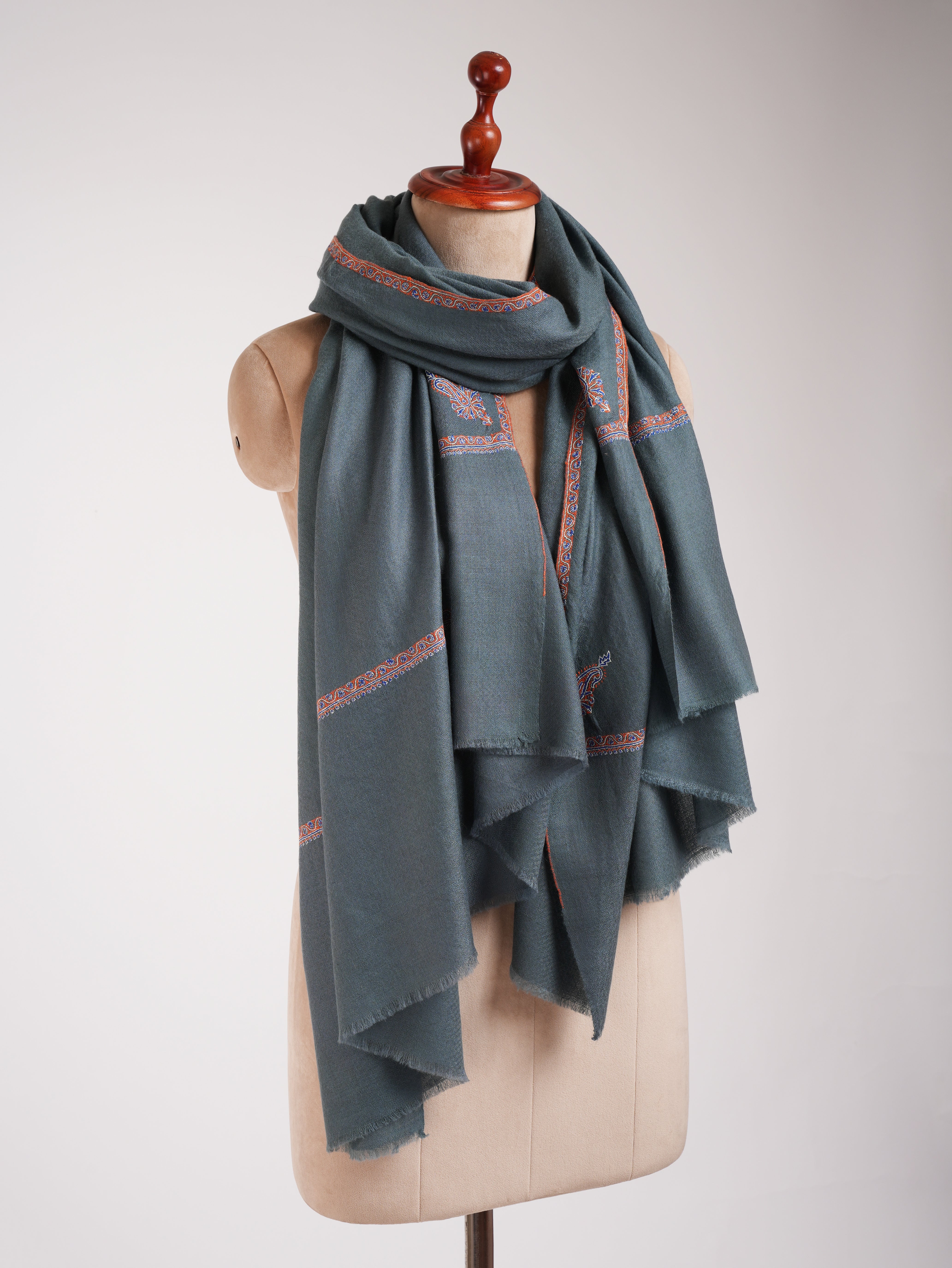 Minimalistic Fine Embroidered Denim Color Pashmina Shawl