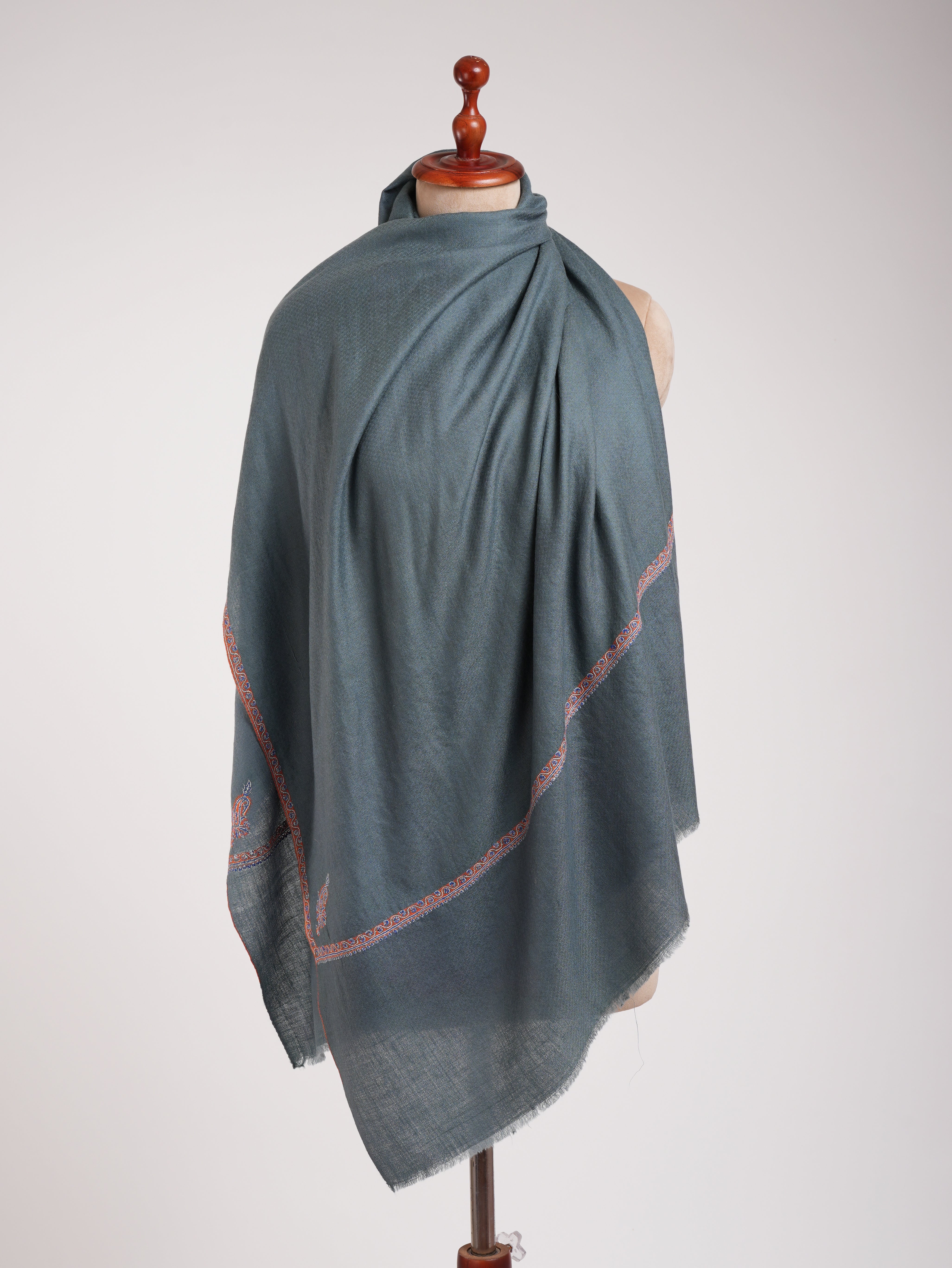 Minimalistic Fine Embroidered Denim Color Pashmina Shawl