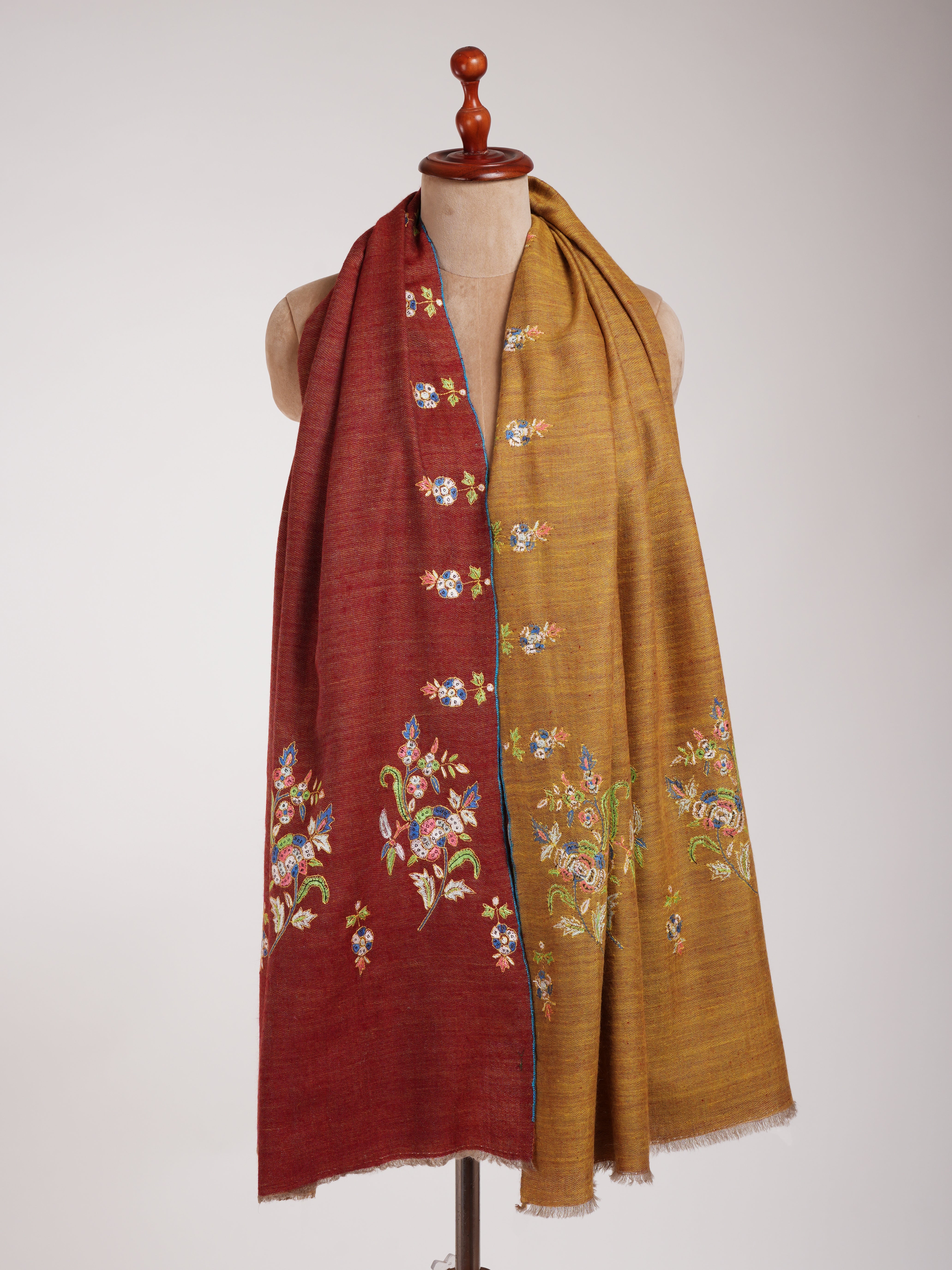 Red and Mustard Dorukha Embroidered Authentic Pashmina Shawl