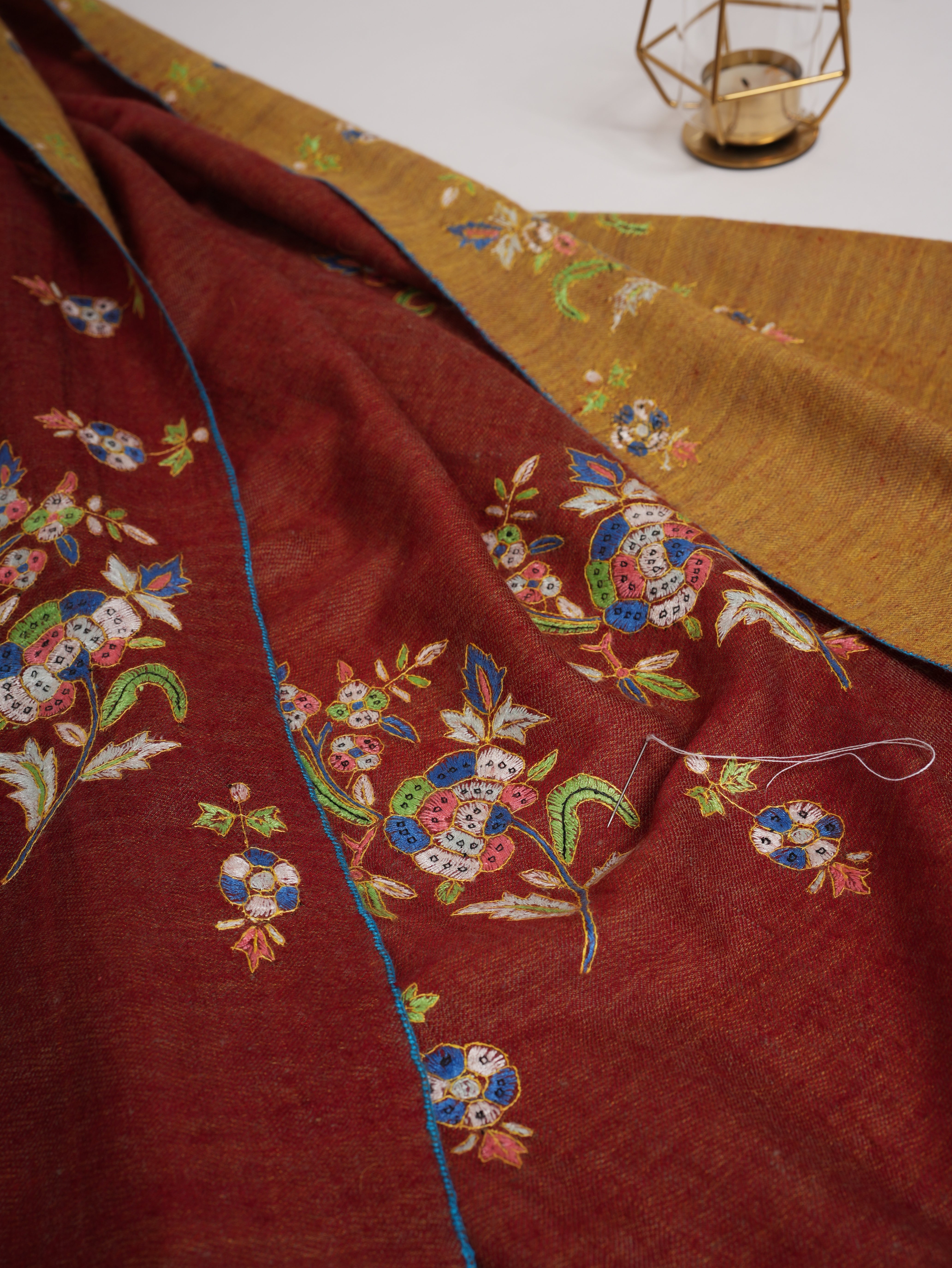 Red and Mustard Dorukha Embroidered Authentic Pashmina Shawl