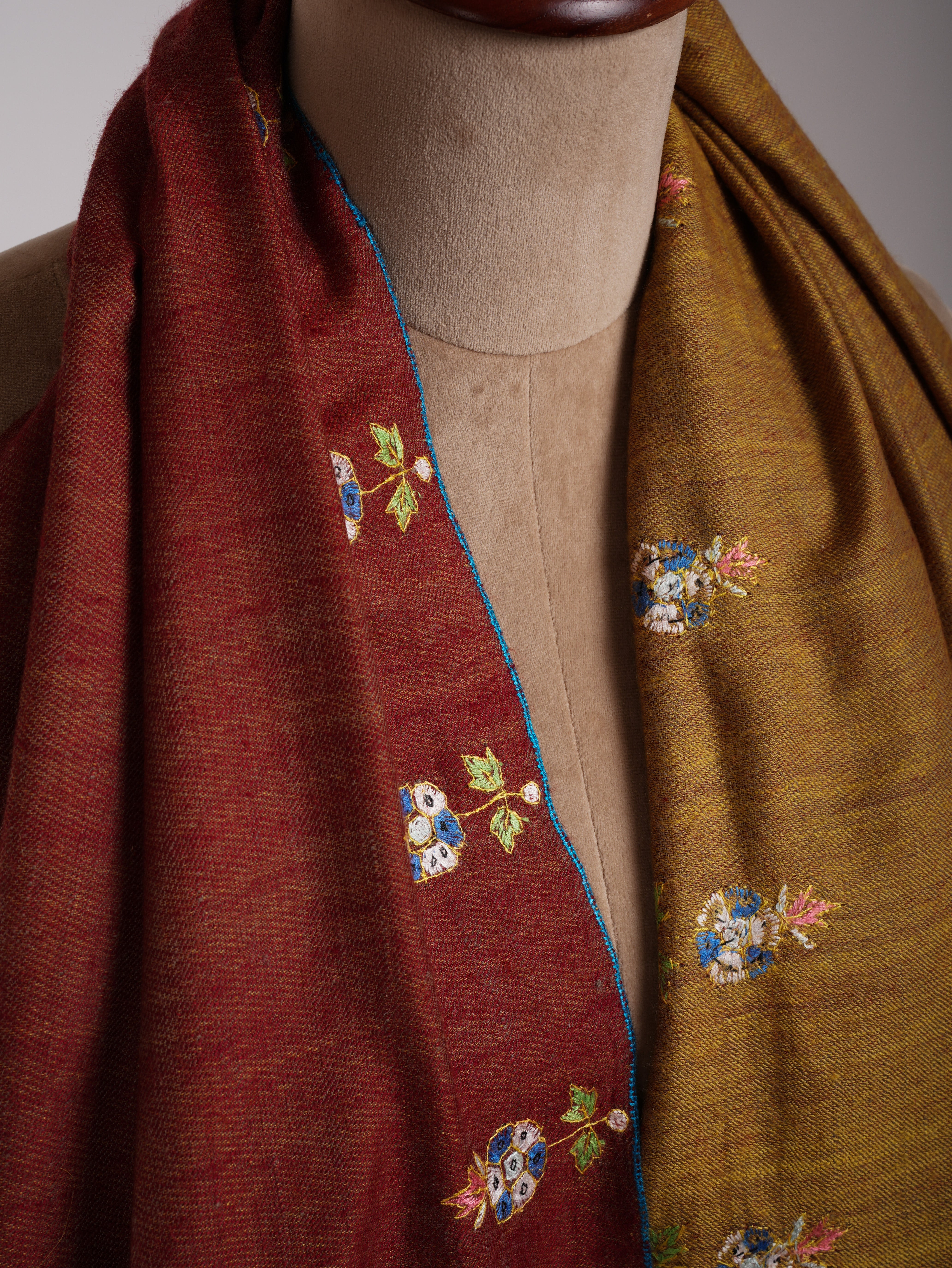 Red and Mustard Dorukha Embroidered Authentic Pashmina Shawl