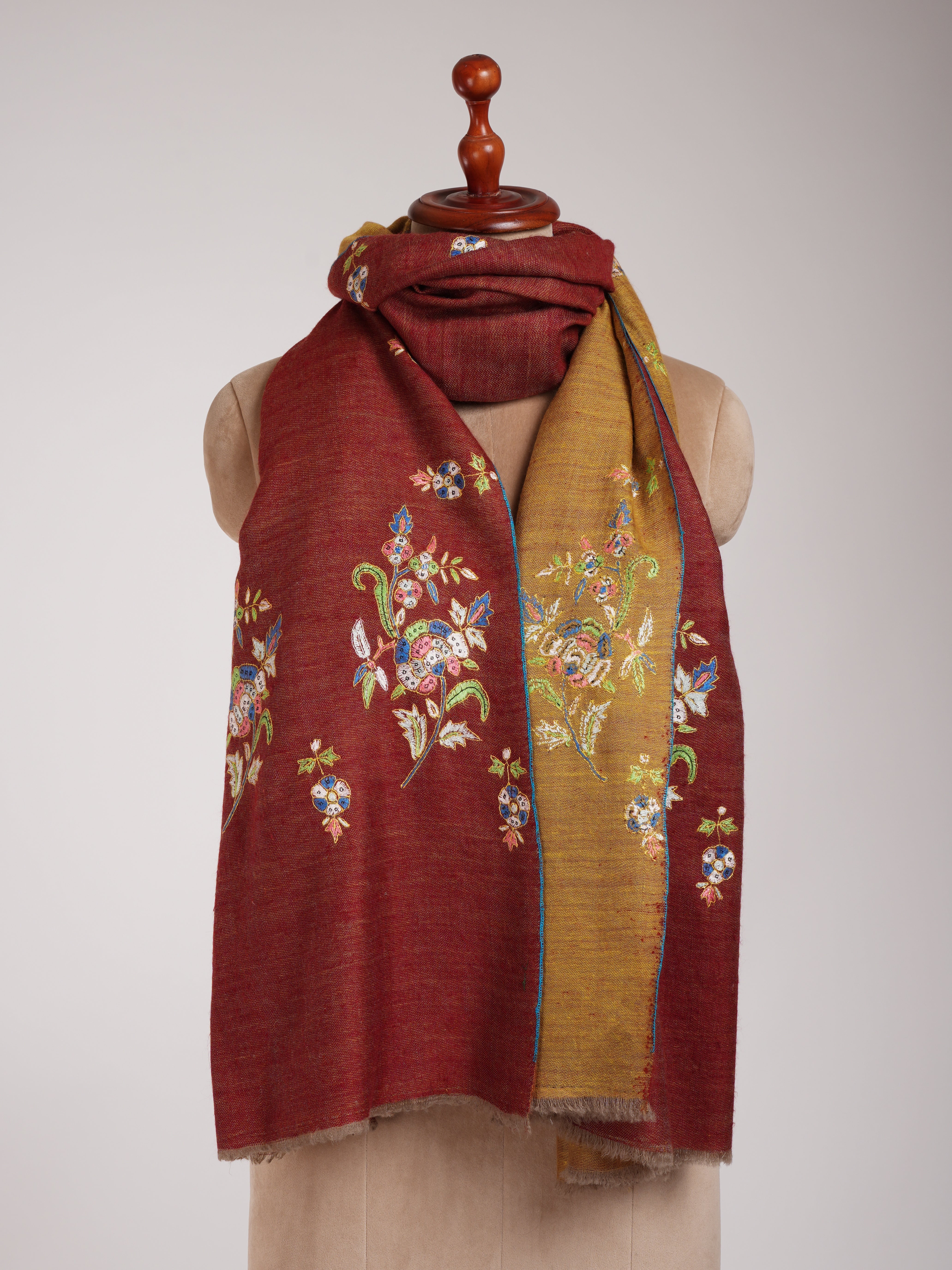 Red and Mustard Dorukha Embroidered Authentic Pashmina Shawl