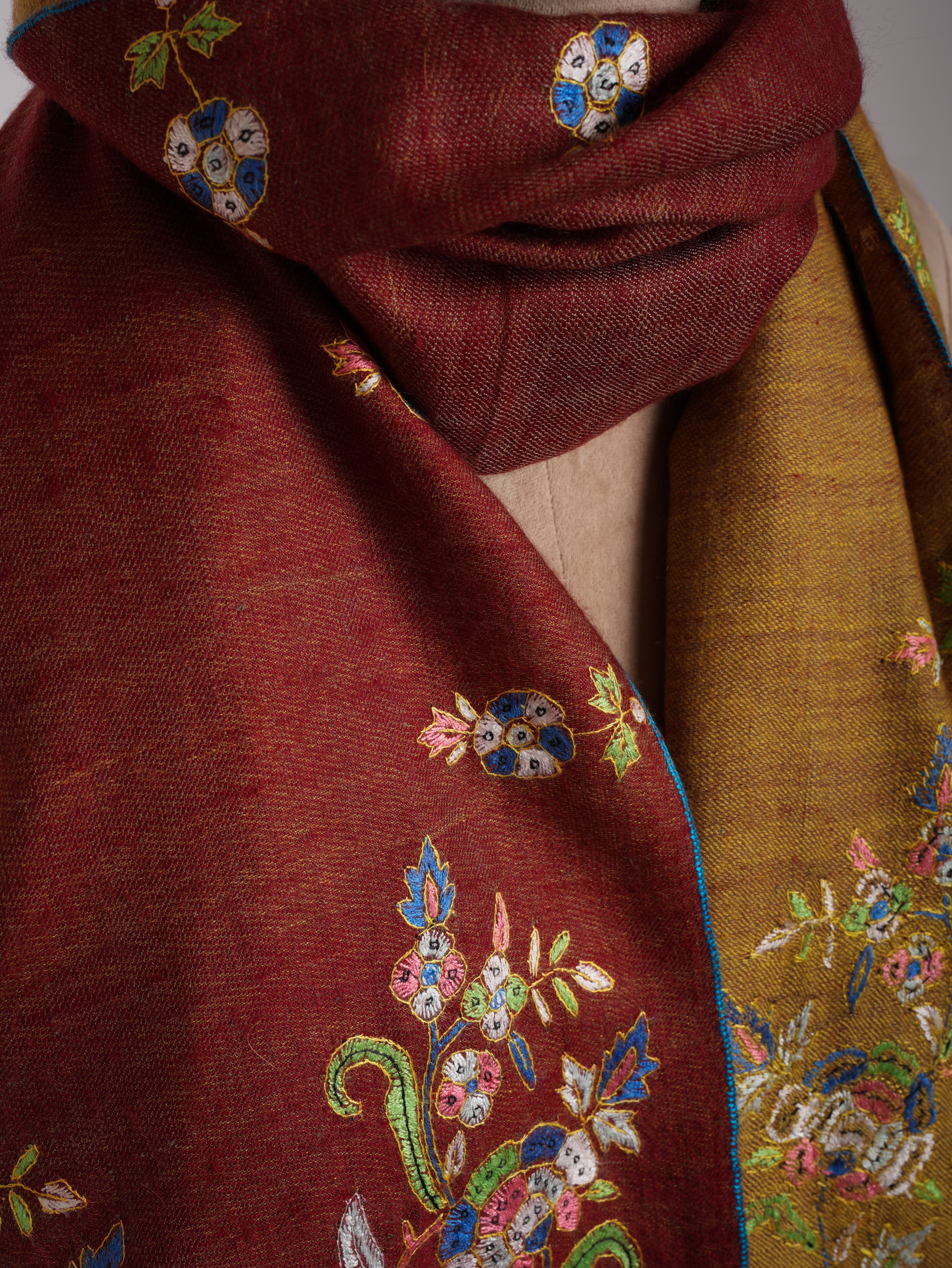 Red and Mustard Dorukha Embroidered Authentic Pashmina Shawl