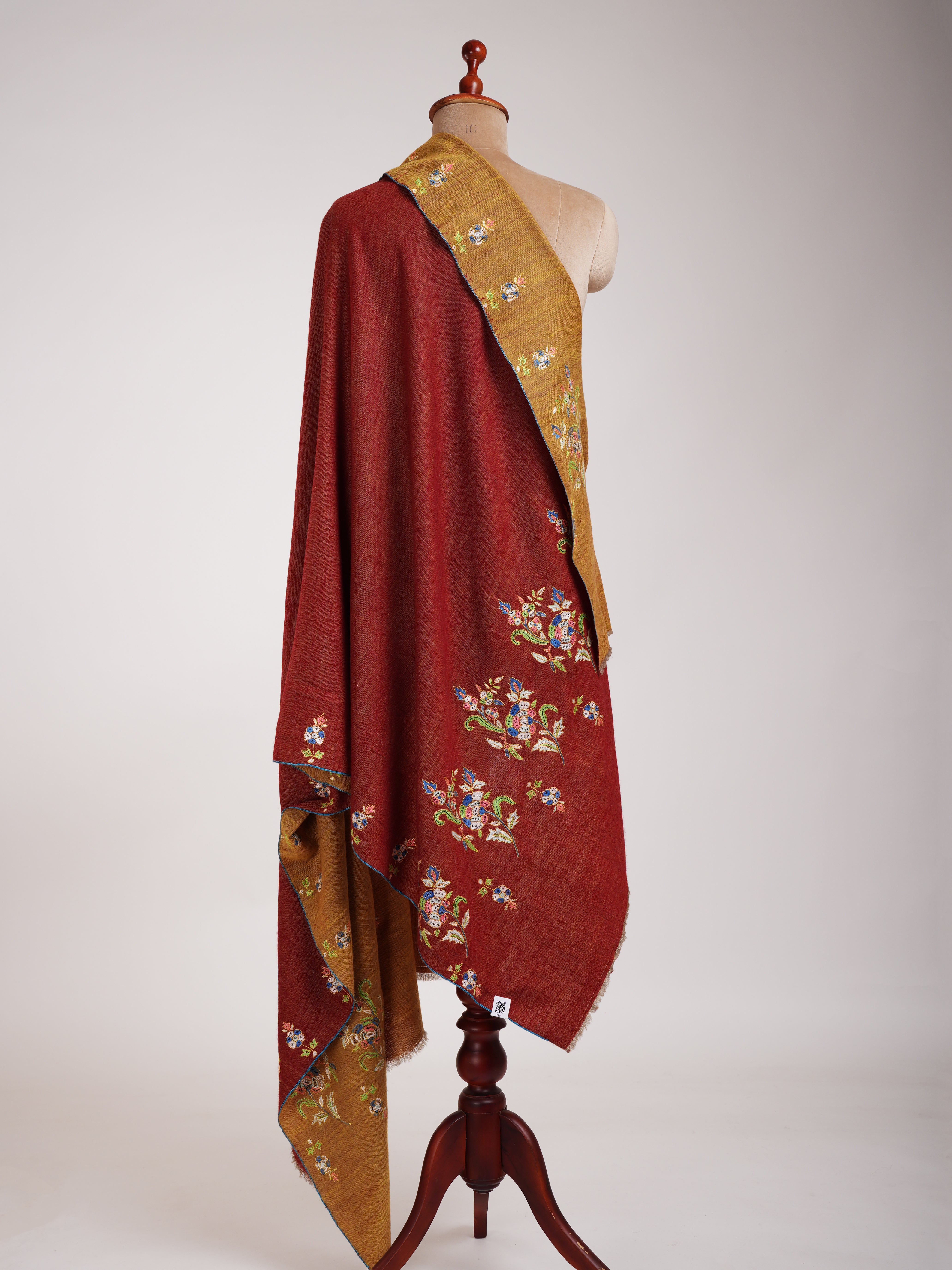 Red and Mustard Dorukha Embroidered Authentic Pashmina Shawl