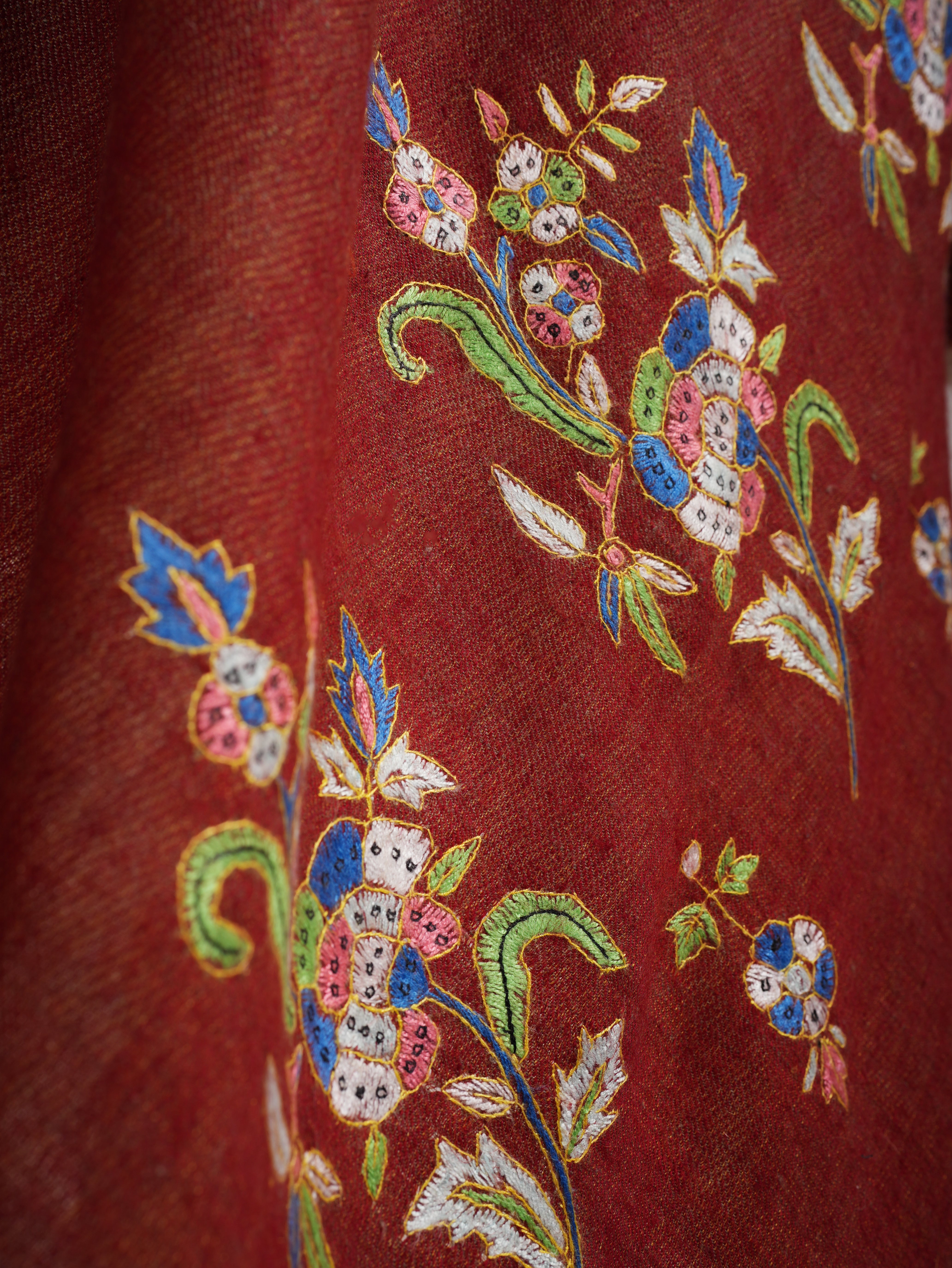 Red and Mustard Dorukha Embroidered Authentic Pashmina Shawl