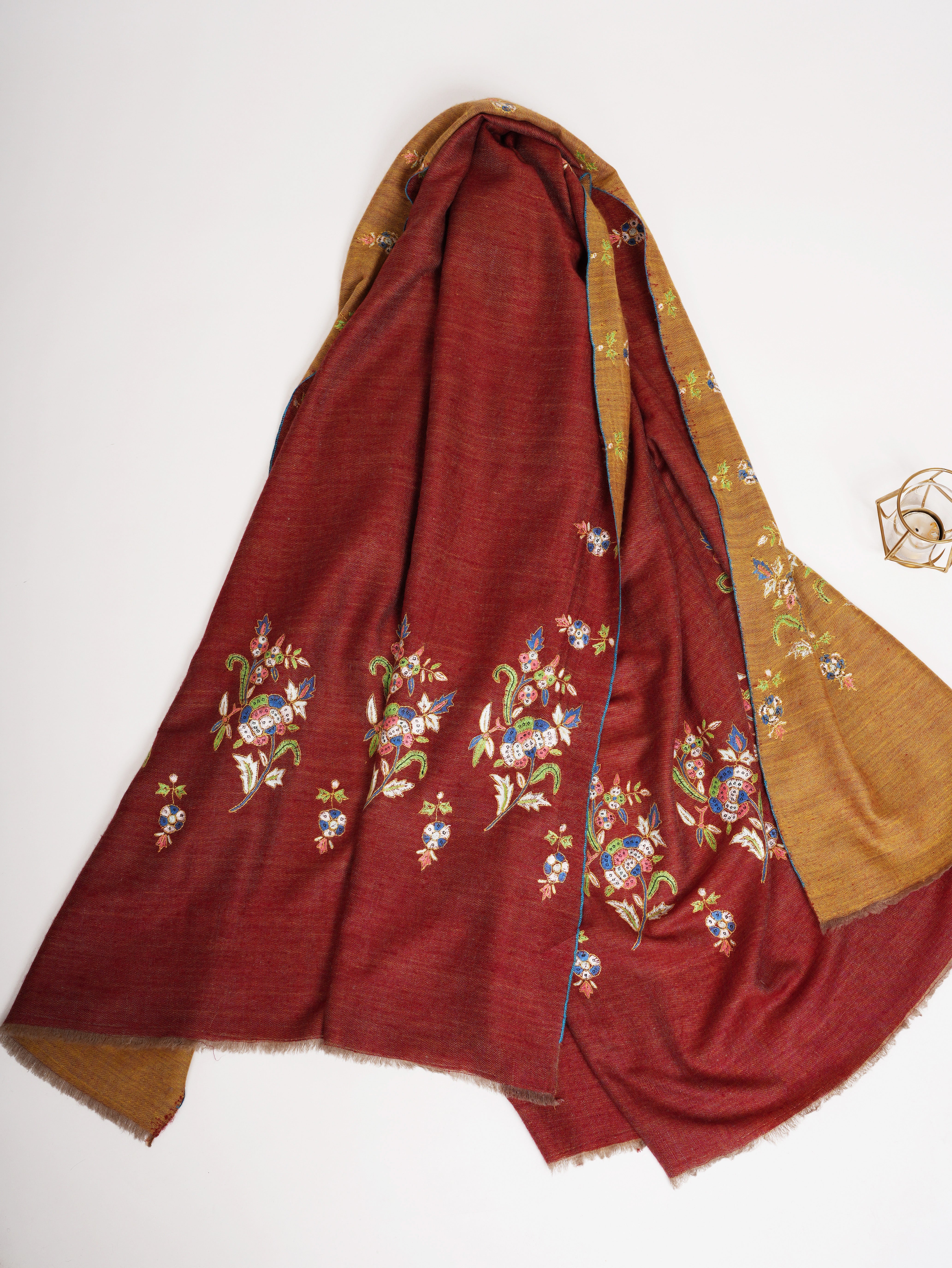 Red and Mustard Dorukha Embroidered Authentic Pashmina Shawl