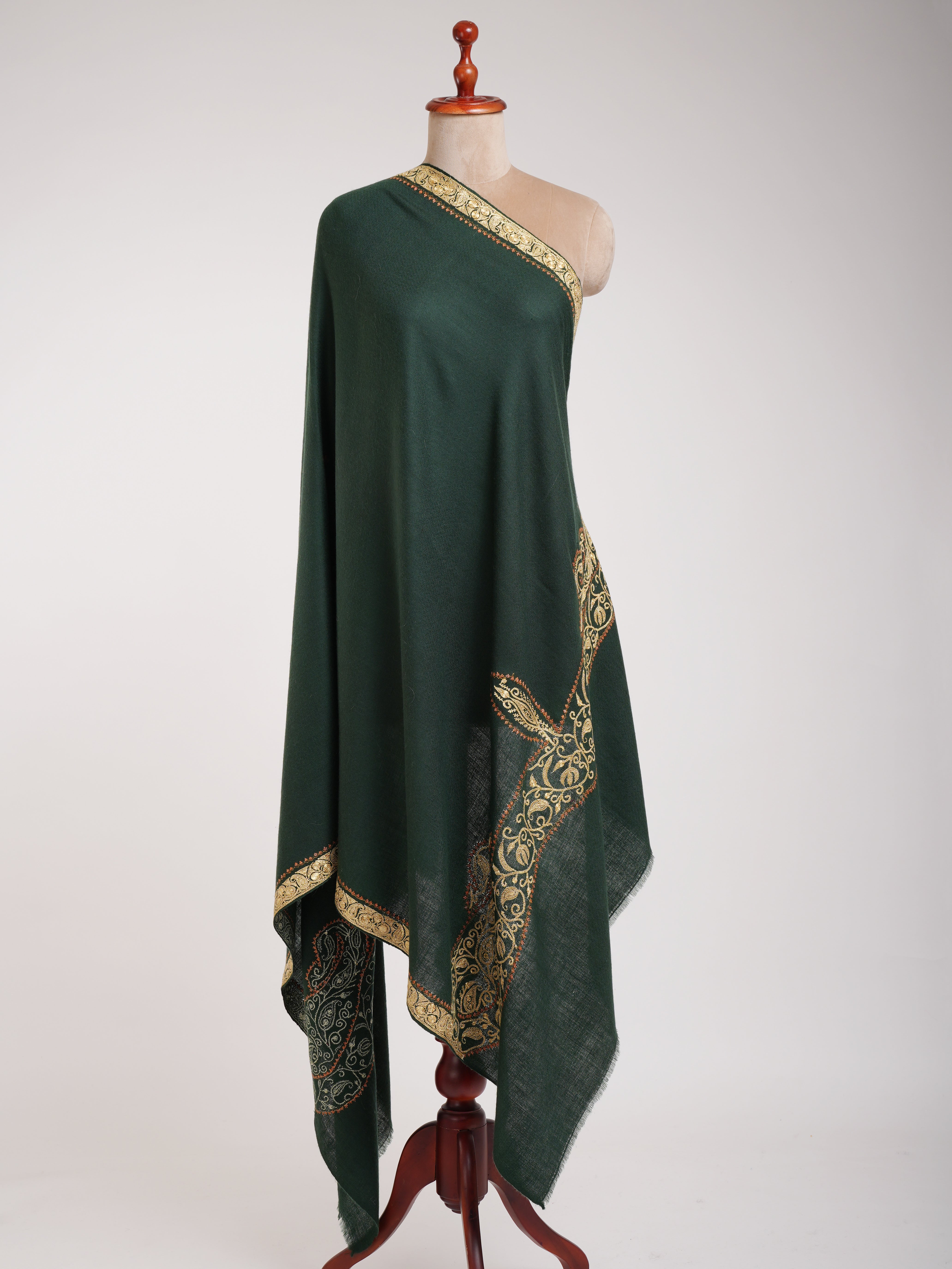 Dark Green Pashmina Shawl with Hand Tillawork Embroidery