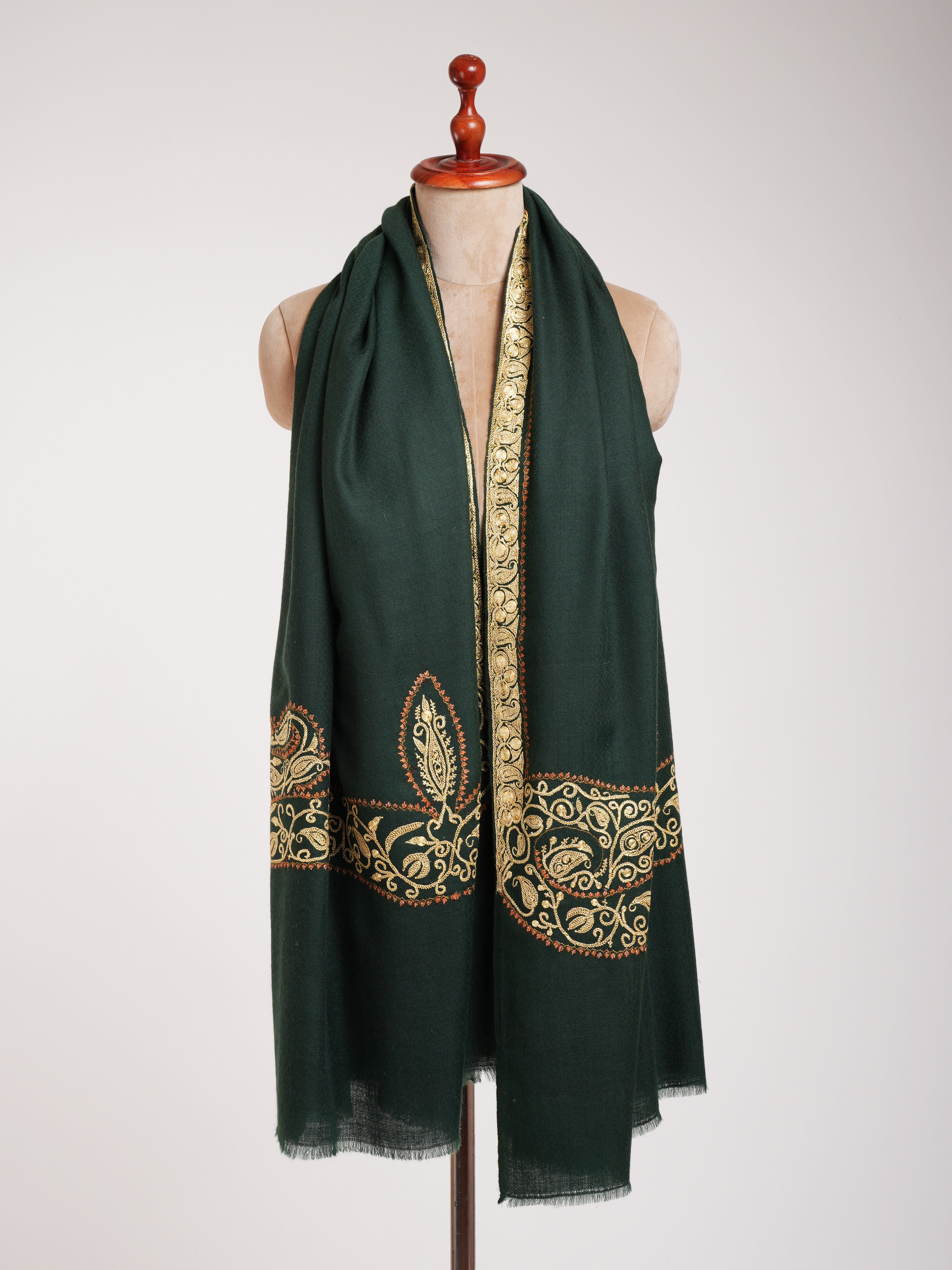 Dark Green Pashmina Shawl with Hand Tillawork Embroidery