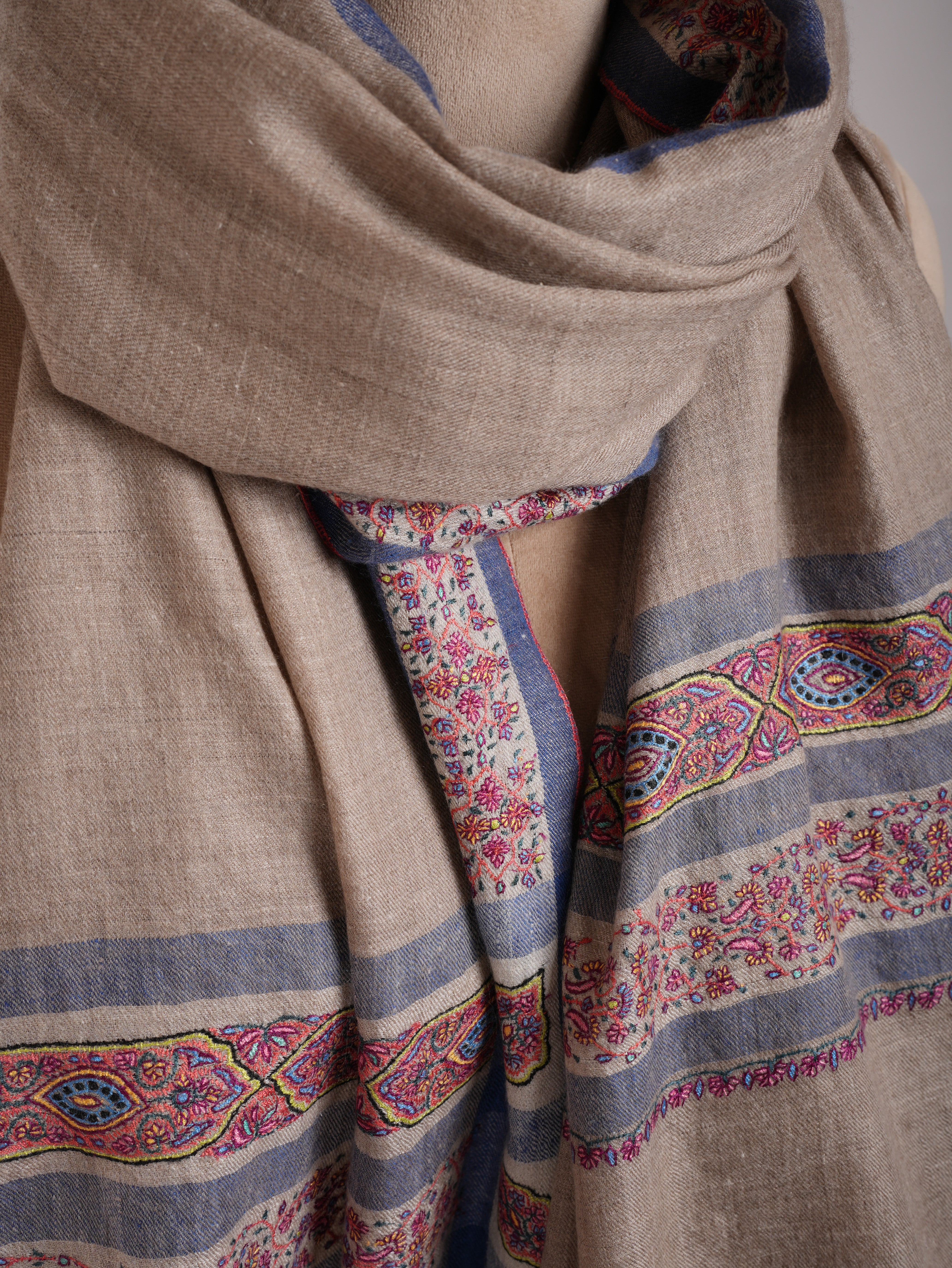 Sozni Embroidered Pure Kashmiri Pashmina Natural Shawl