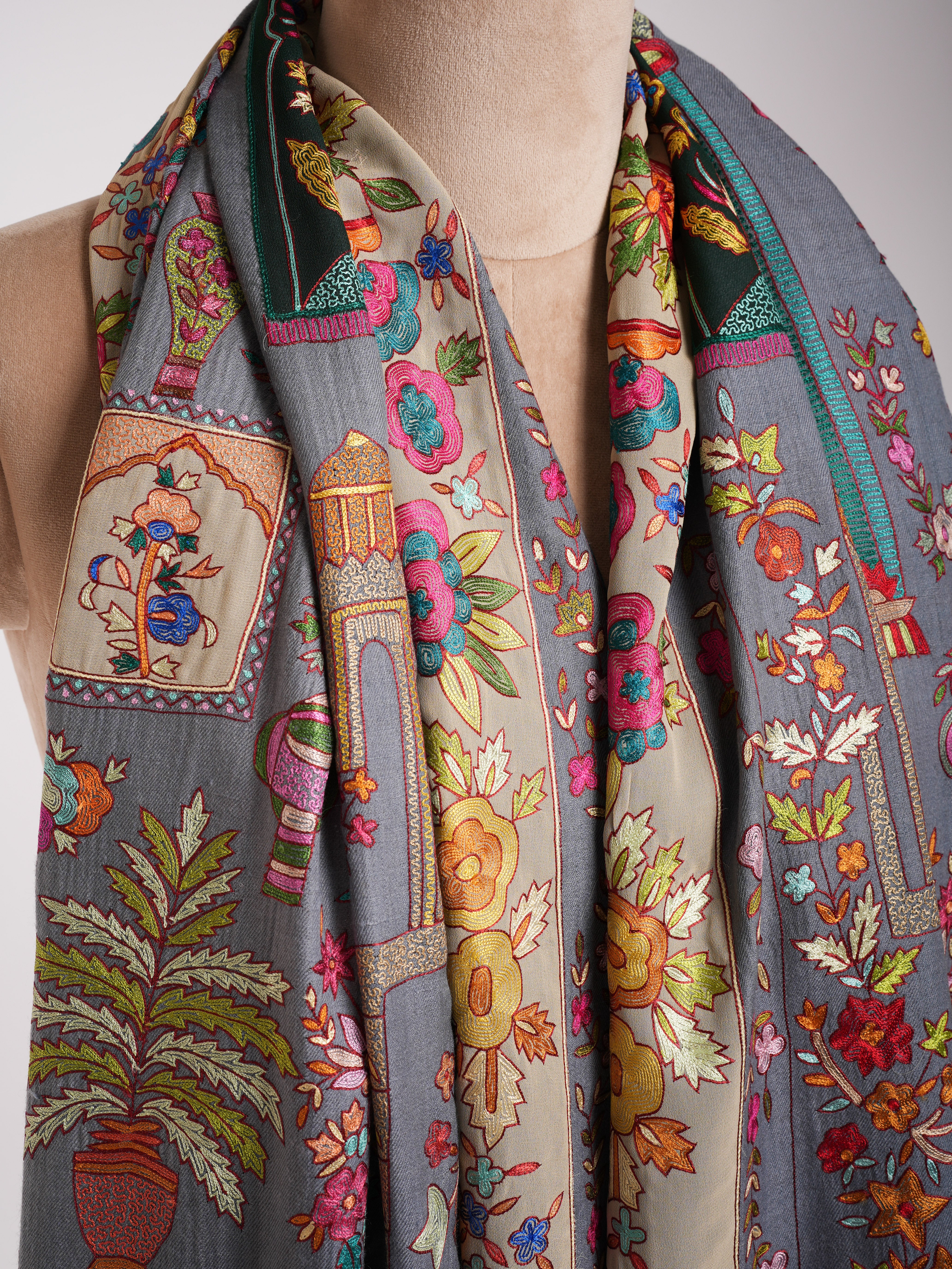 Gray Art Silk Embroidered Indian Pashmina Jamavar Shawl