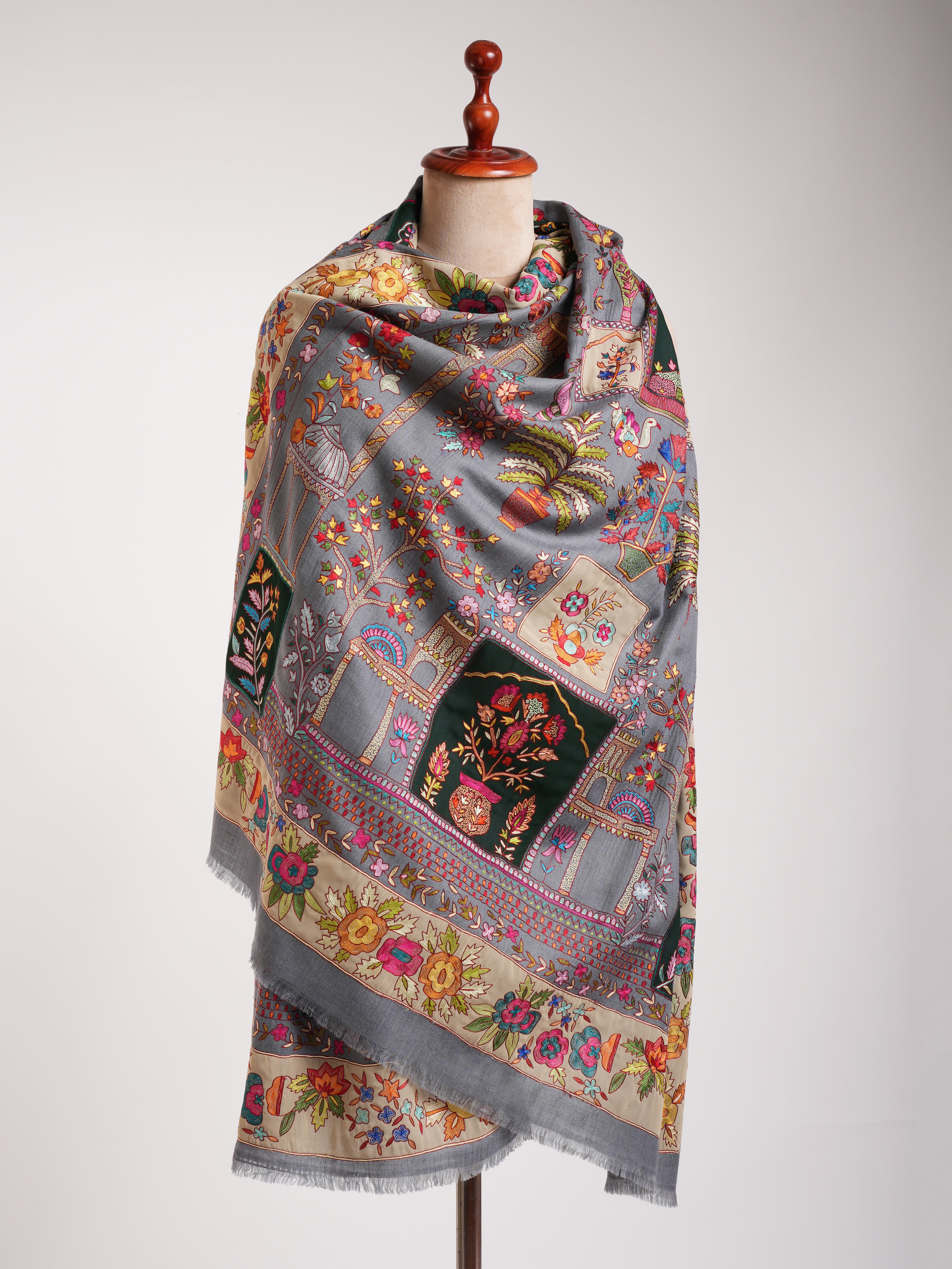 Gray Art Silk Embroidered Indian Pashmina Jamavar Shawl