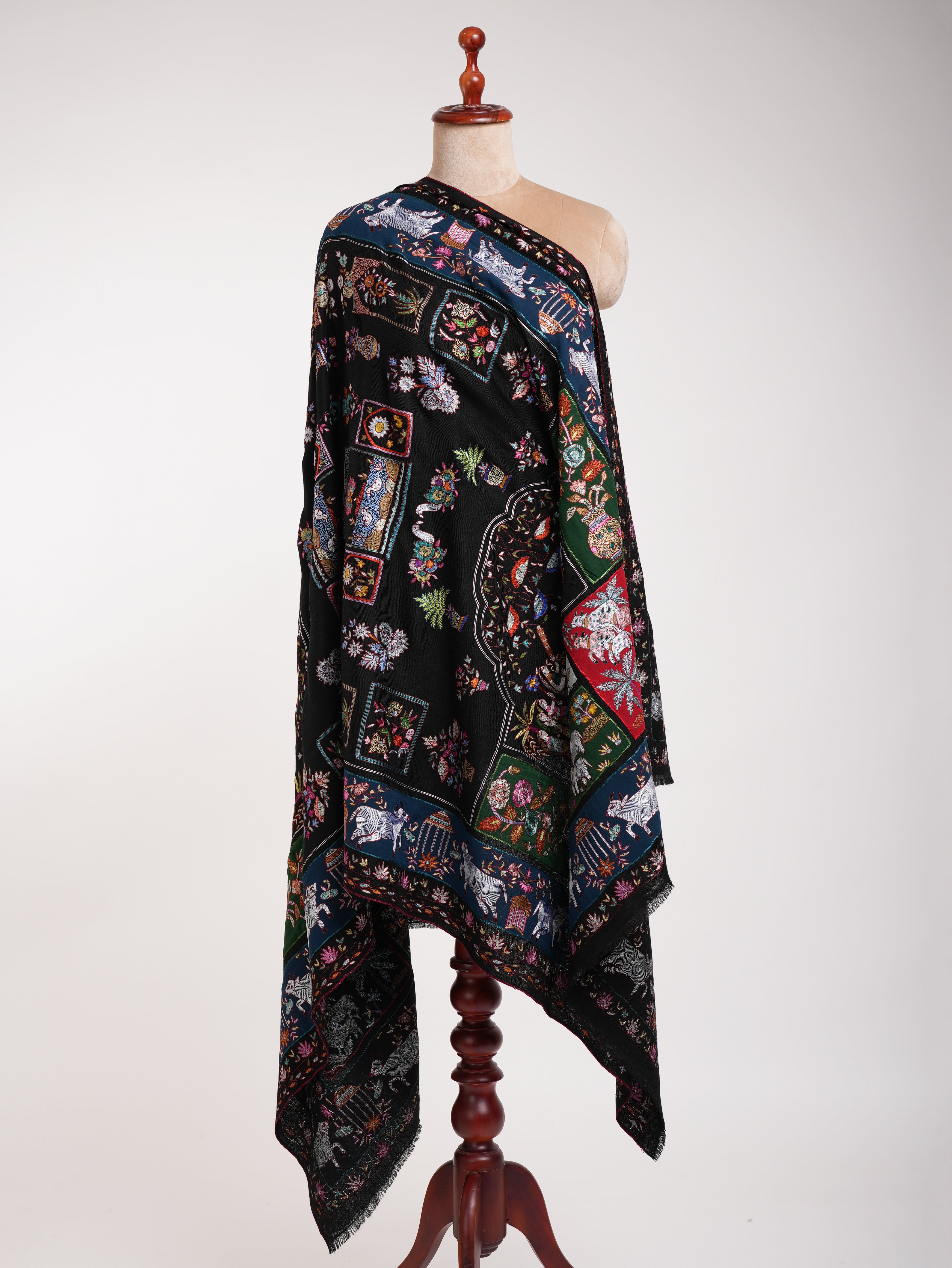 Black Indian Pashmina Shawl with Art Silk Embroidery