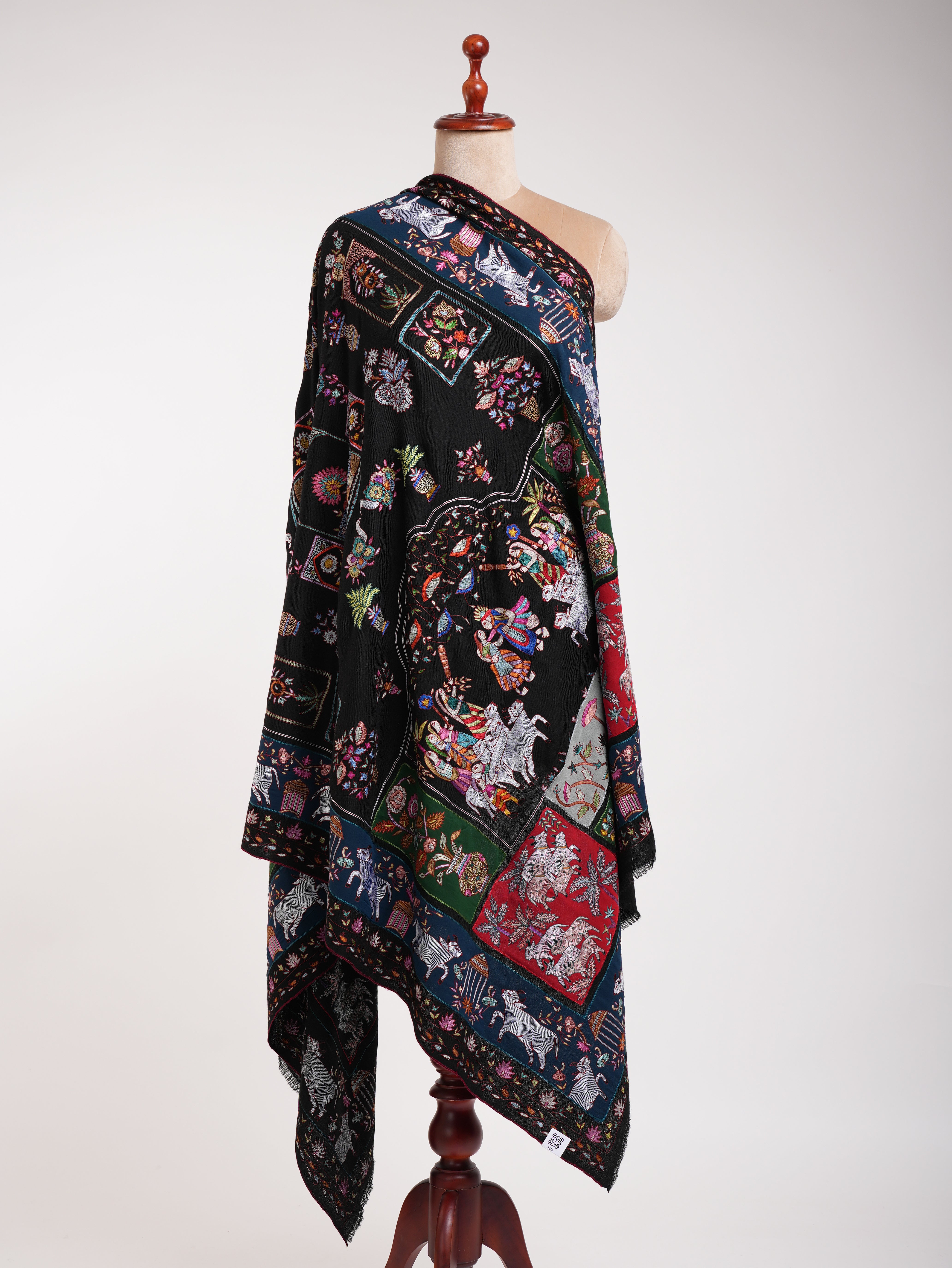 Black Indian Pashmina Shawl with Art Silk Embroidery