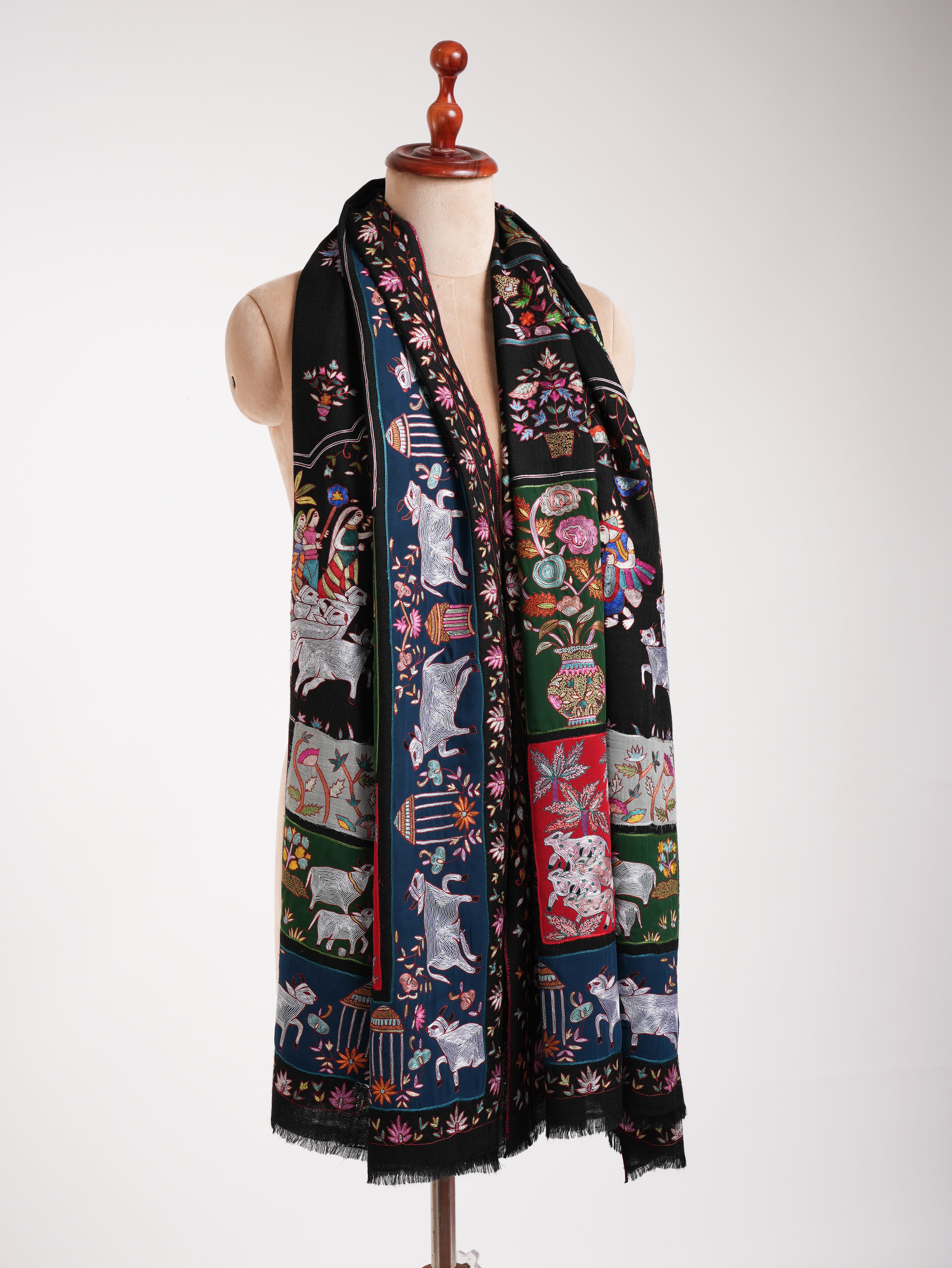 Black Indian Pashmina Shawl with Art Silk Embroidery