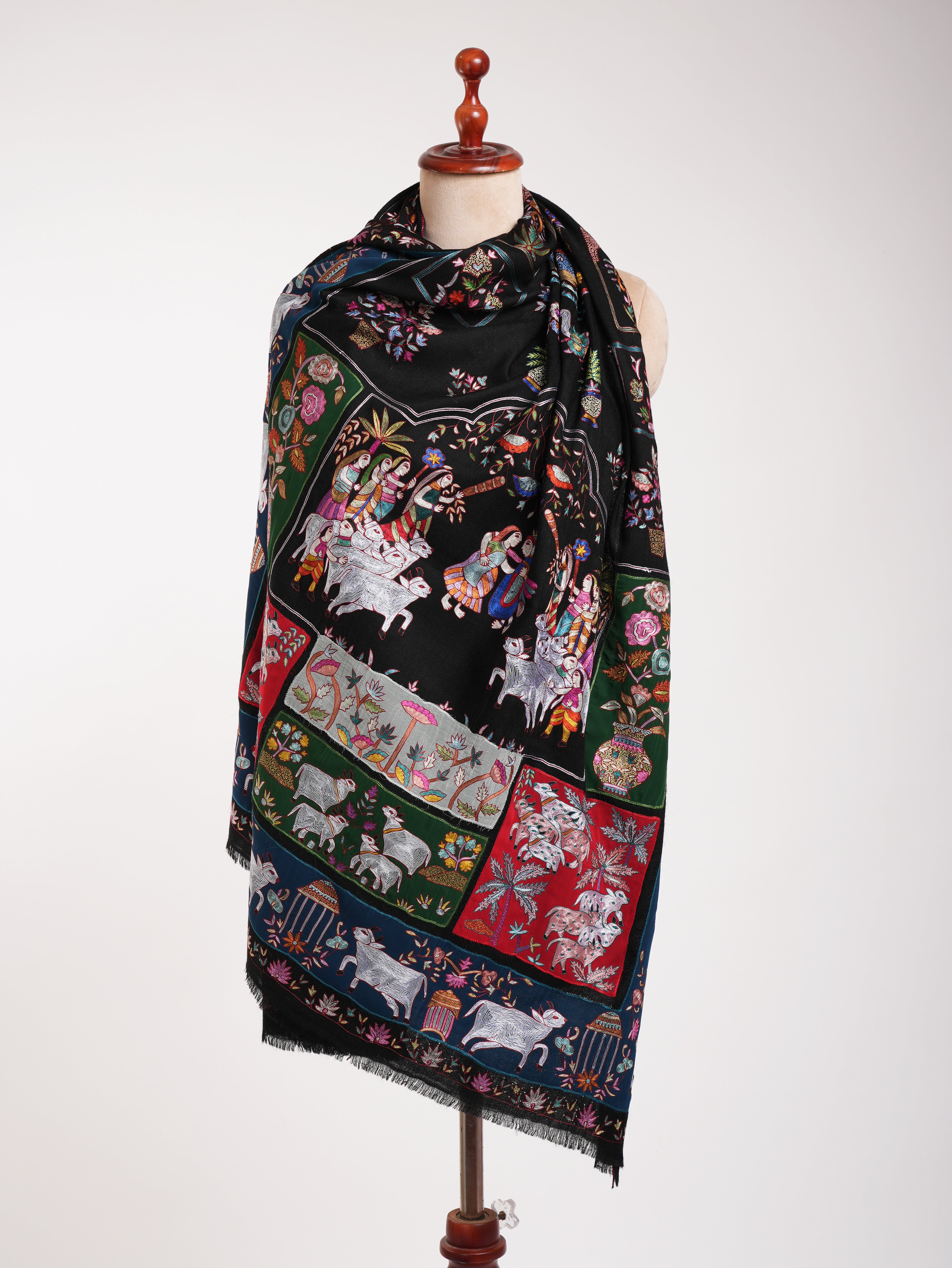 Black Indian Pashmina Shawl with Art Silk Embroidery