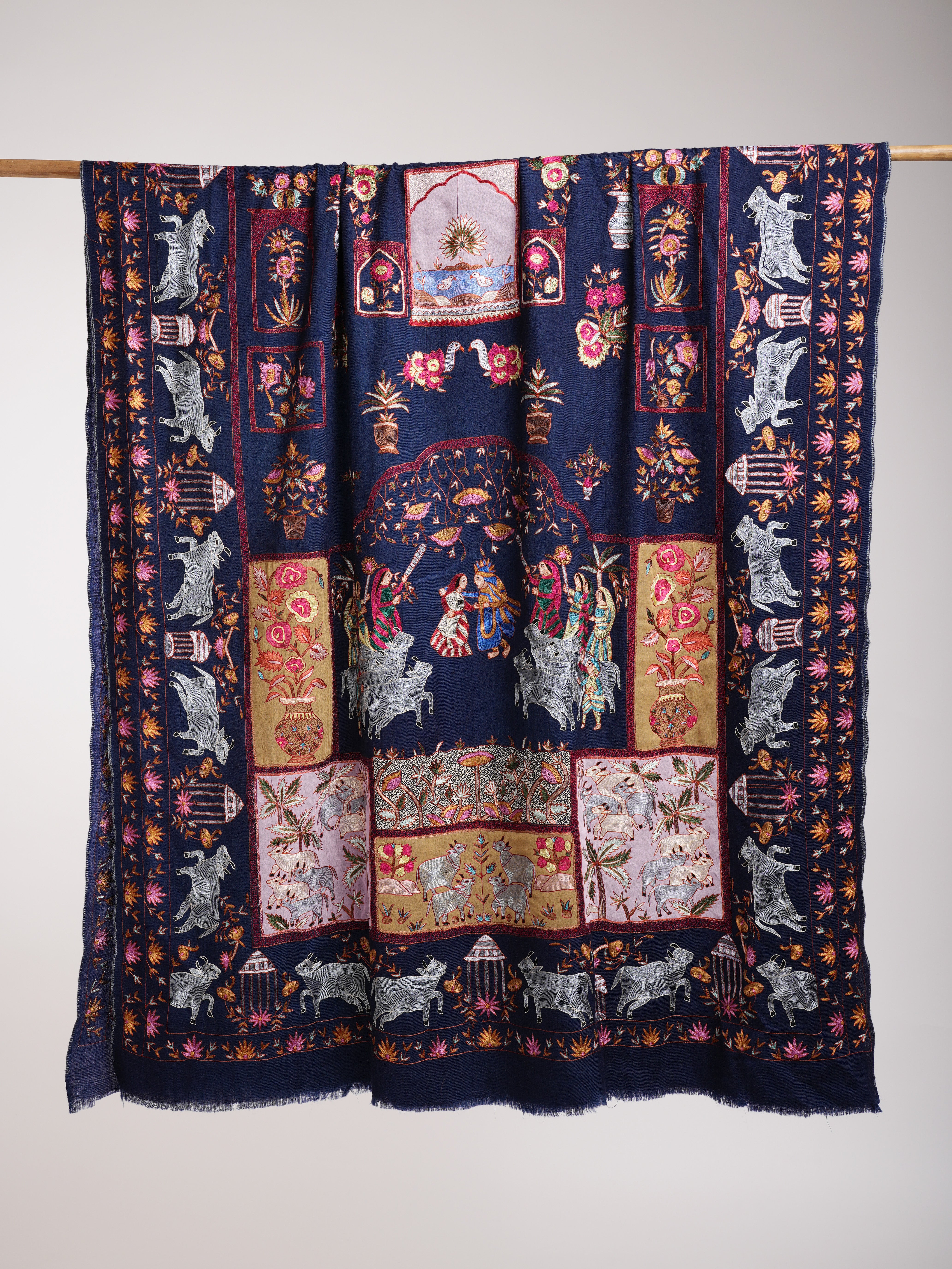 Dark Blue Hand Arty Silk Embroidered Indian Pashmina Shawl