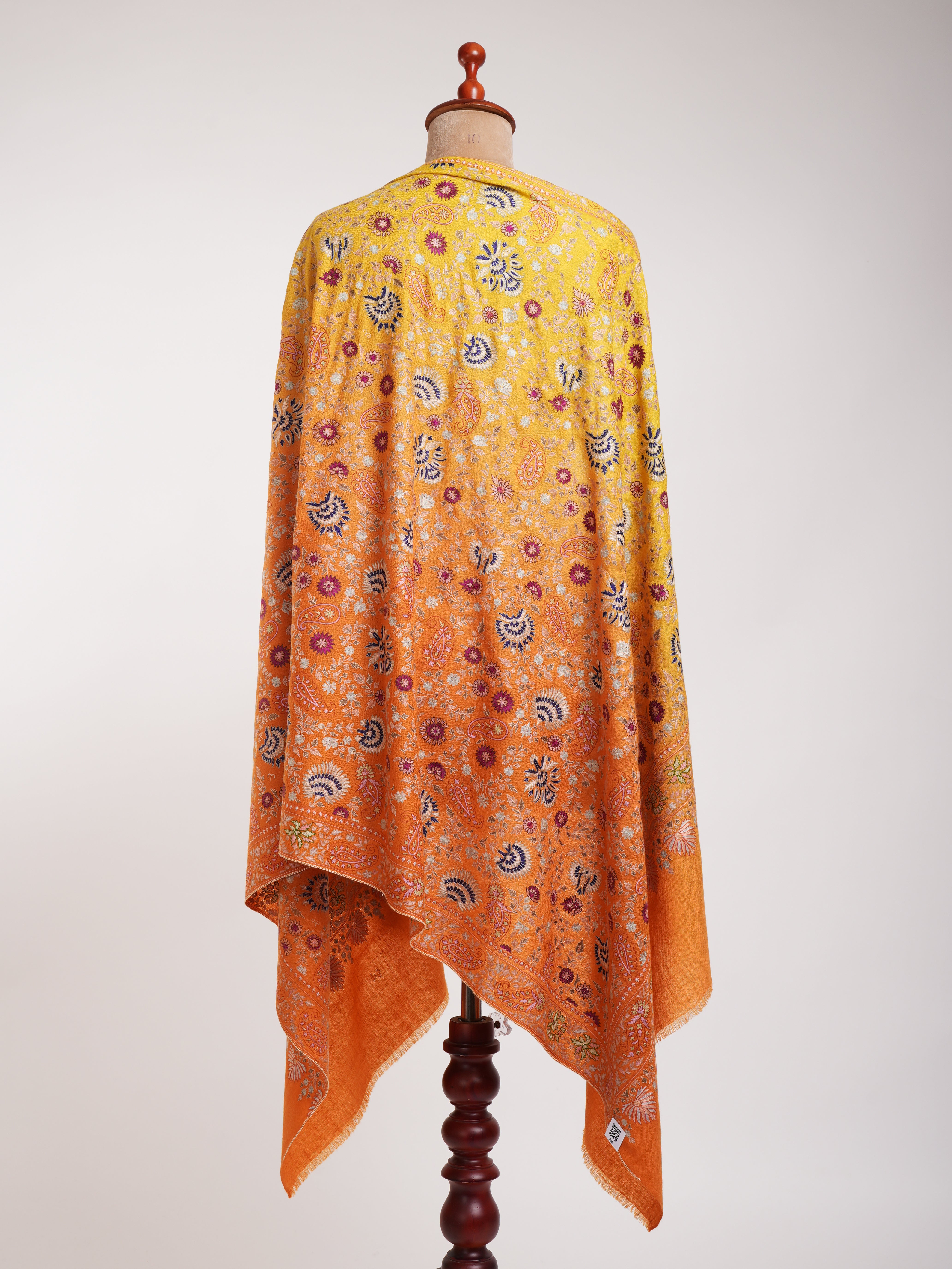 Orange and Yellow Embroidered Indian Cashmere Pashmina Shawl