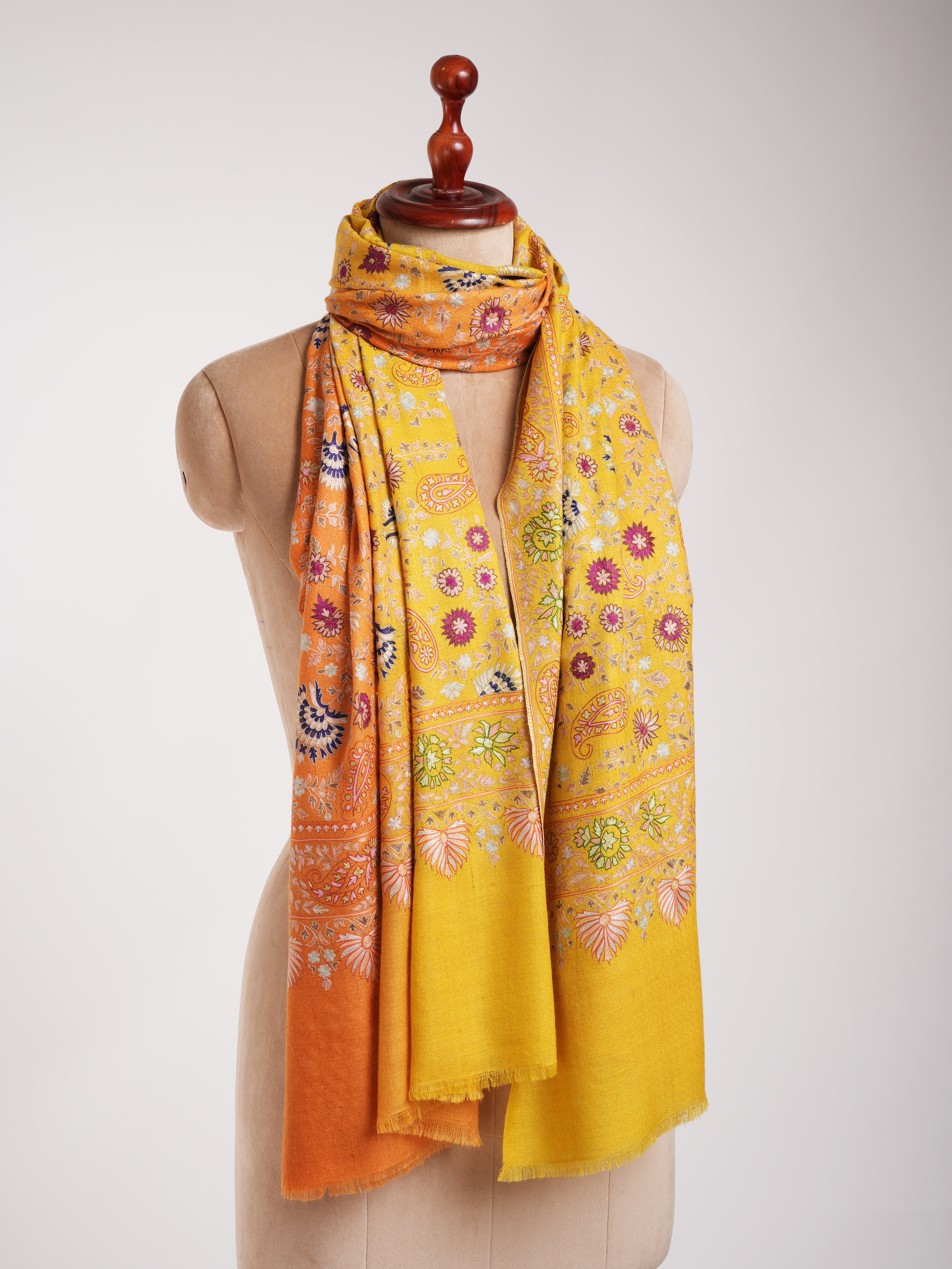 Orange and Yellow Embroidered Indian Cashmere Pashmina Shawl