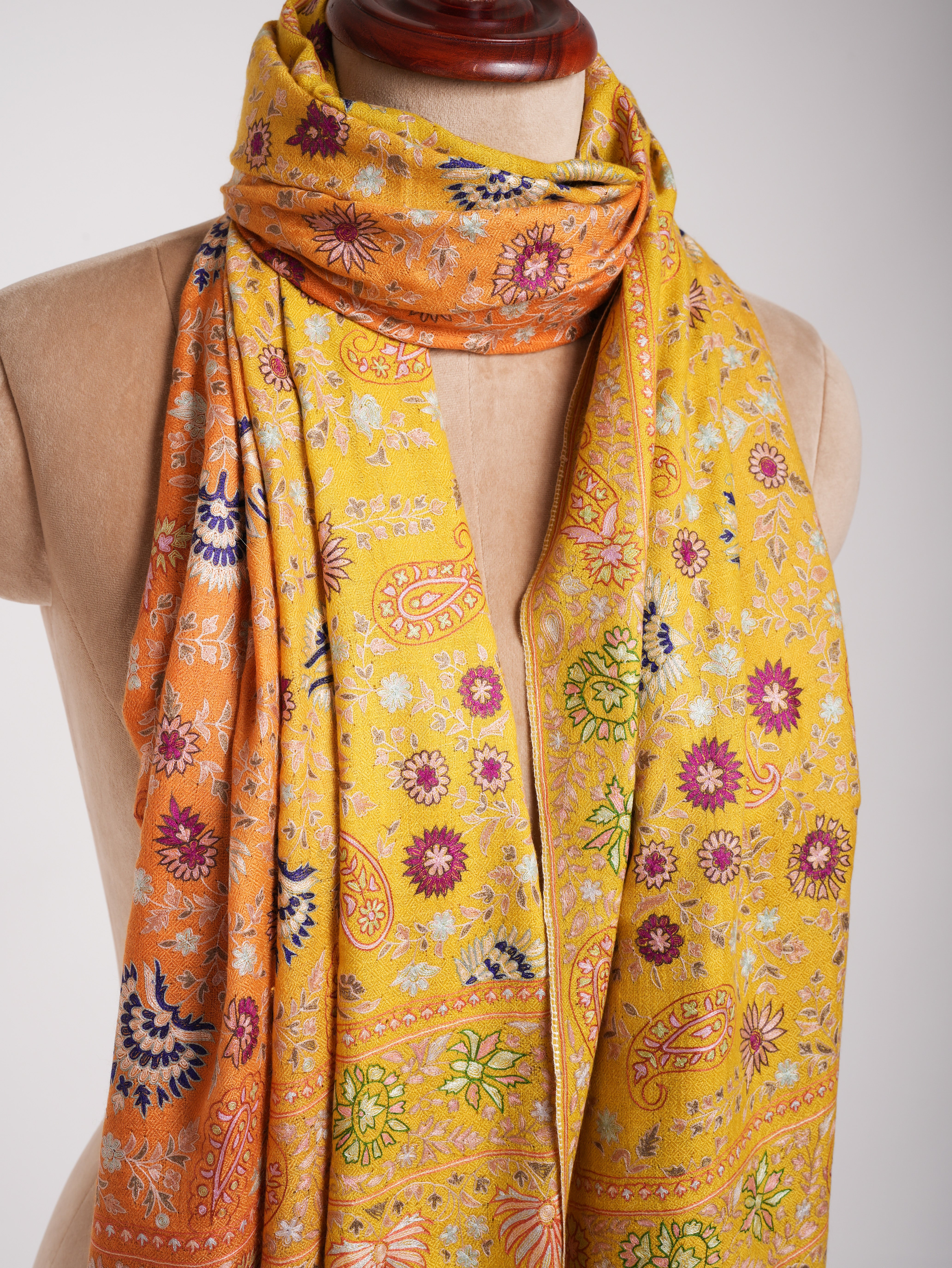 Orange and Yellow Embroidered Indian Cashmere Pashmina Shawl