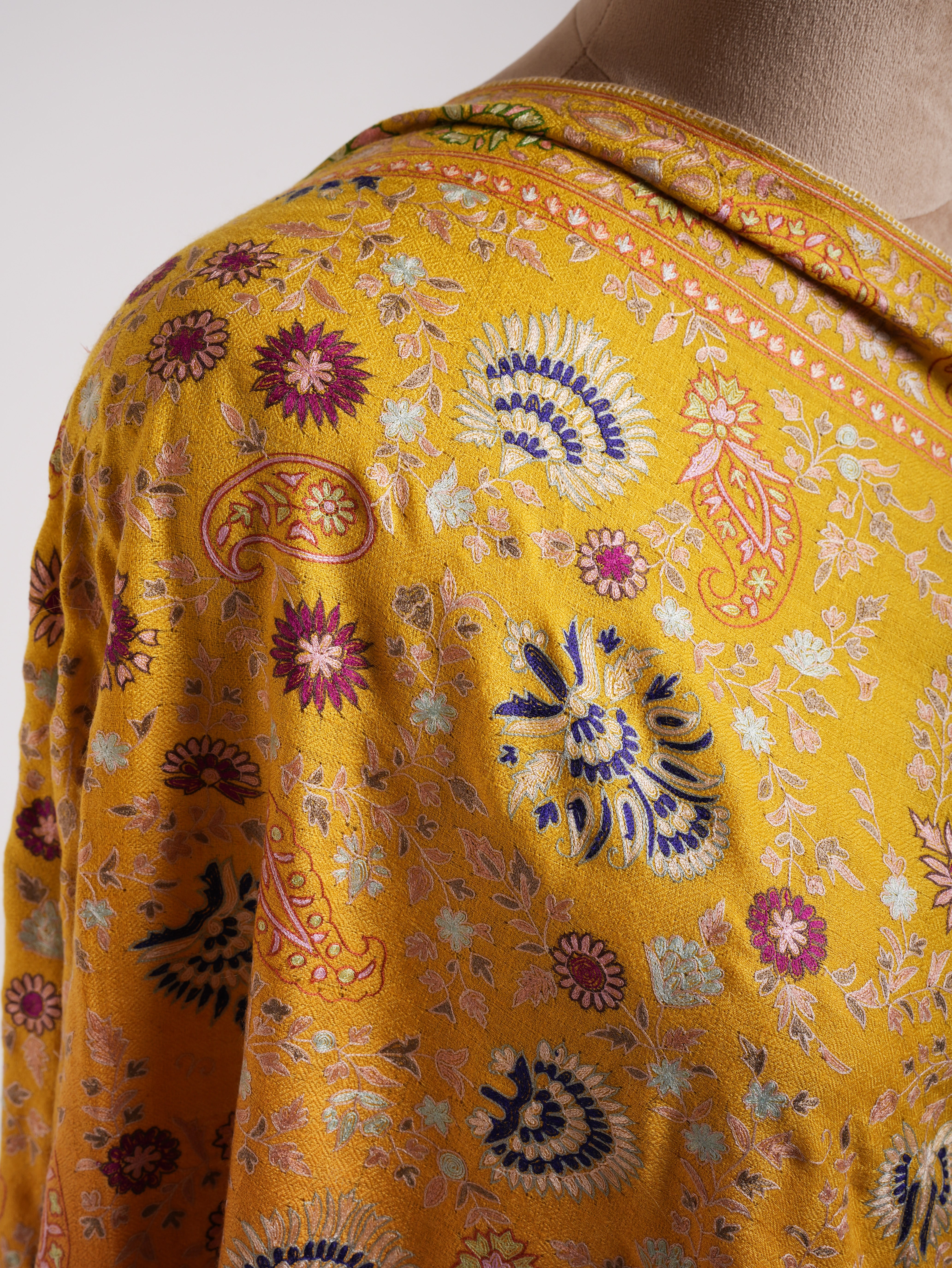 Orange and Yellow Embroidered Indian Cashmere Pashmina Shawl