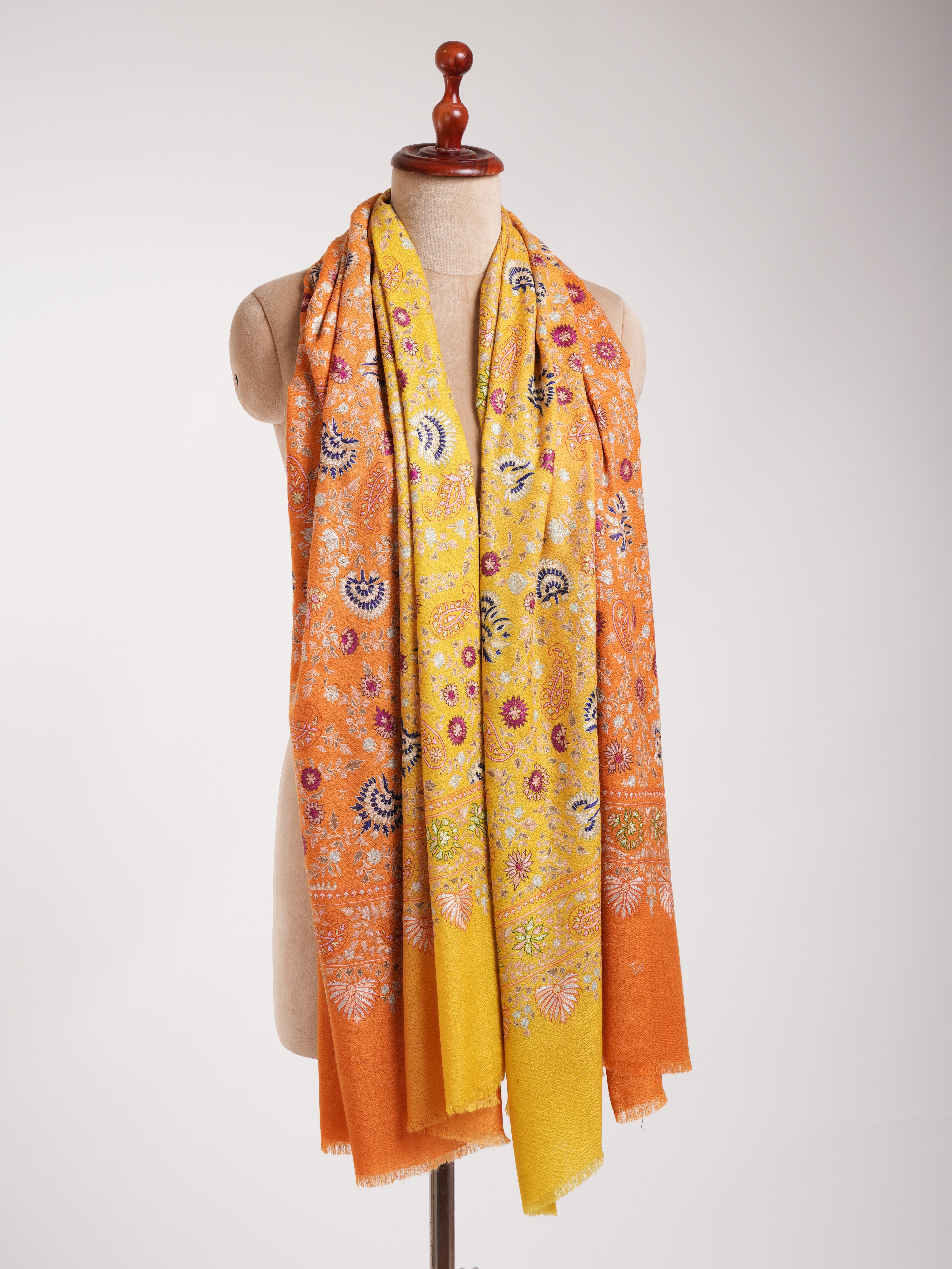 Orange and Yellow Embroidered Indian Cashmere Pashmina Shawl