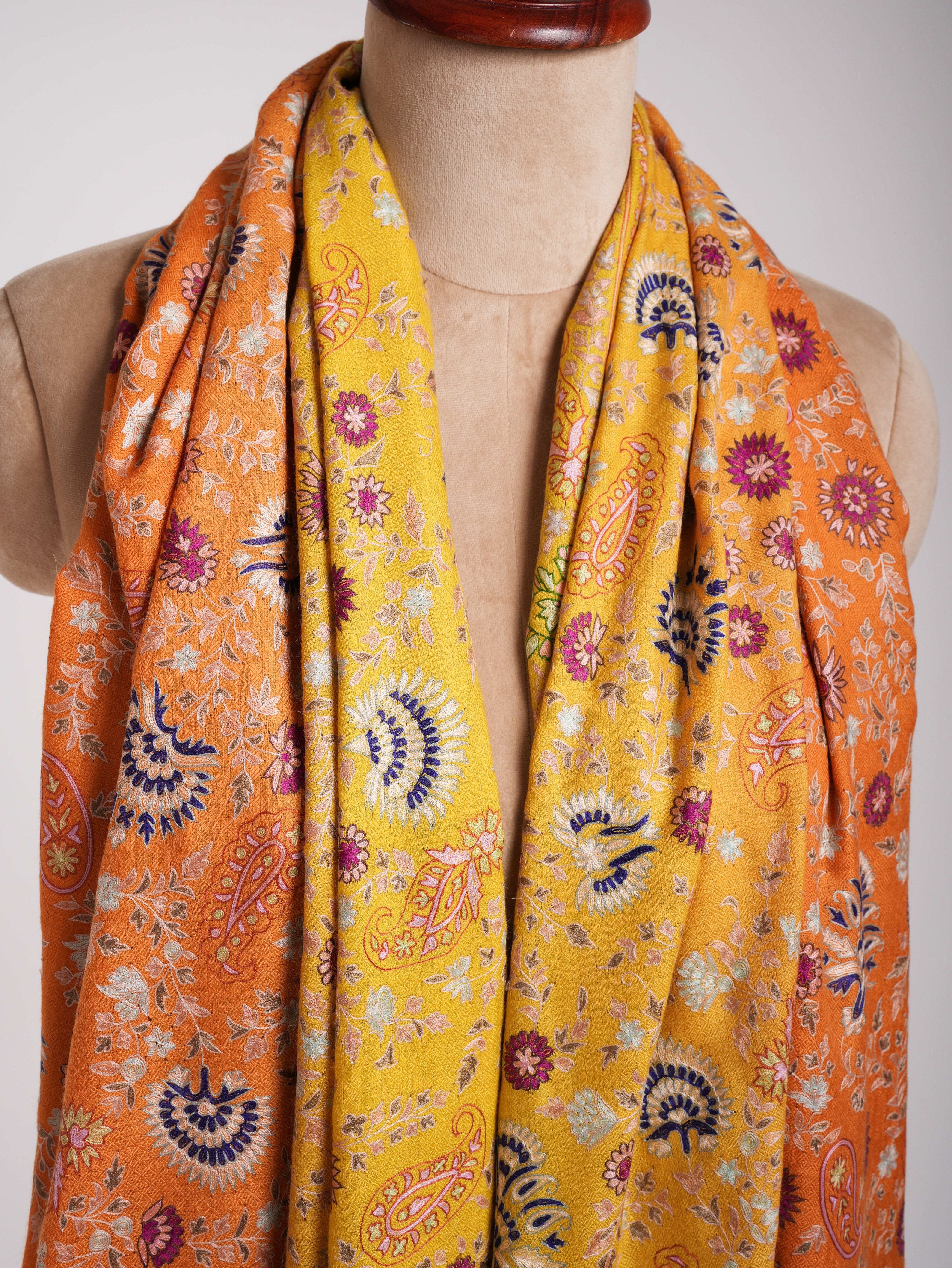 Orange and Yellow Embroidered Indian Cashmere Pashmina Shawl