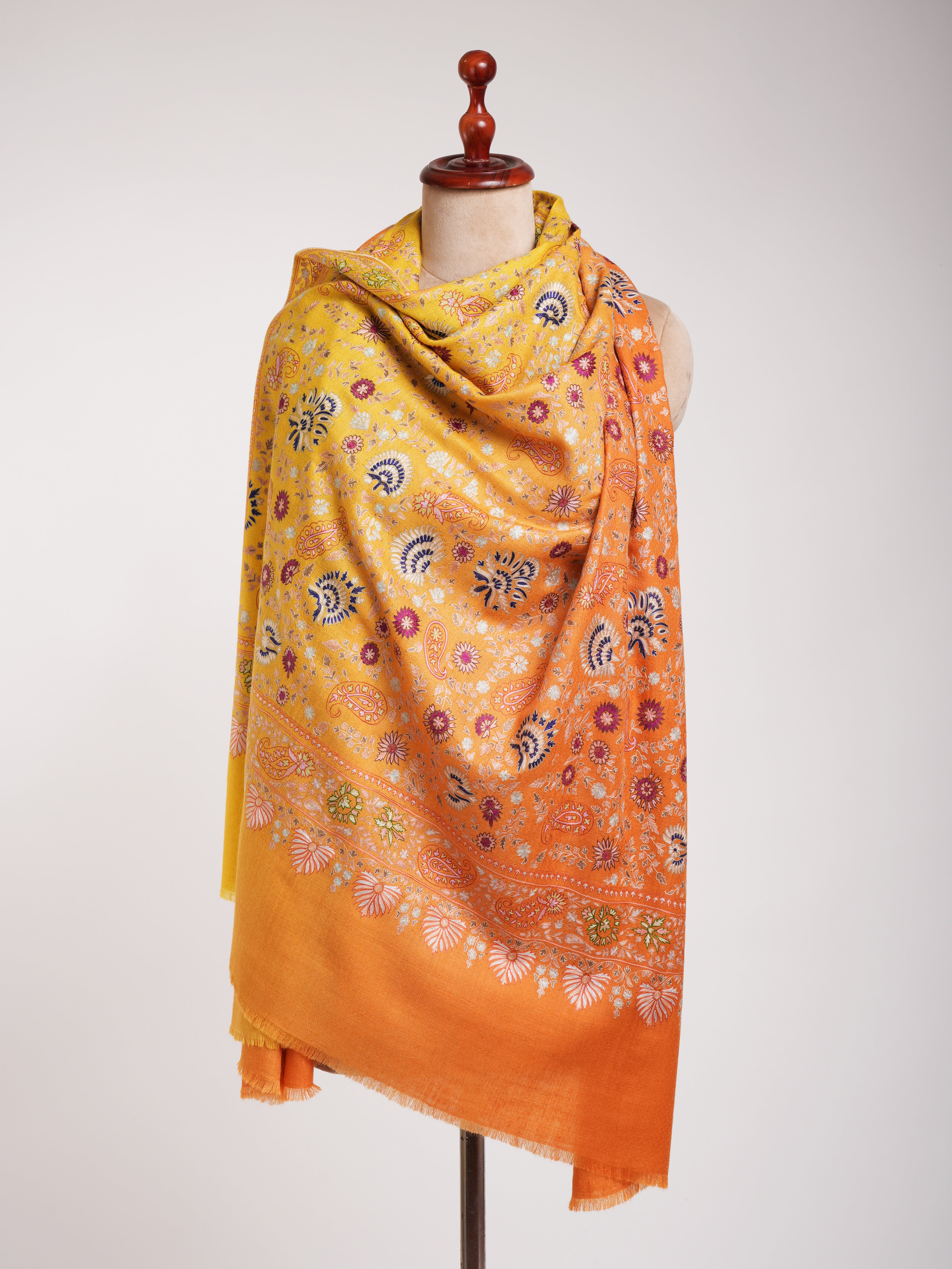 Orange and Yellow Embroidered Indian Cashmere Pashmina Shawl