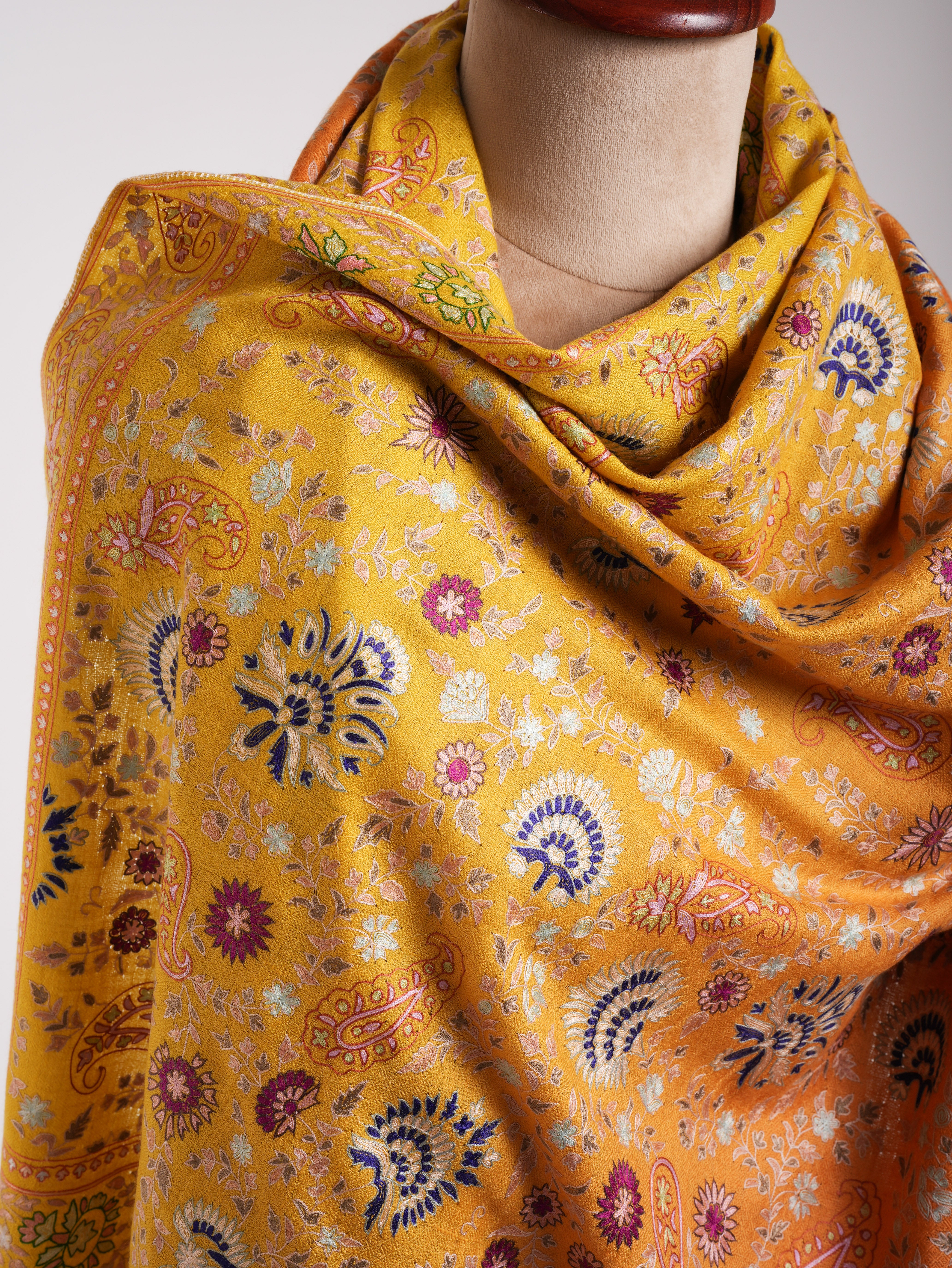 Orange and Yellow Embroidered Indian Cashmere Pashmina Shawl