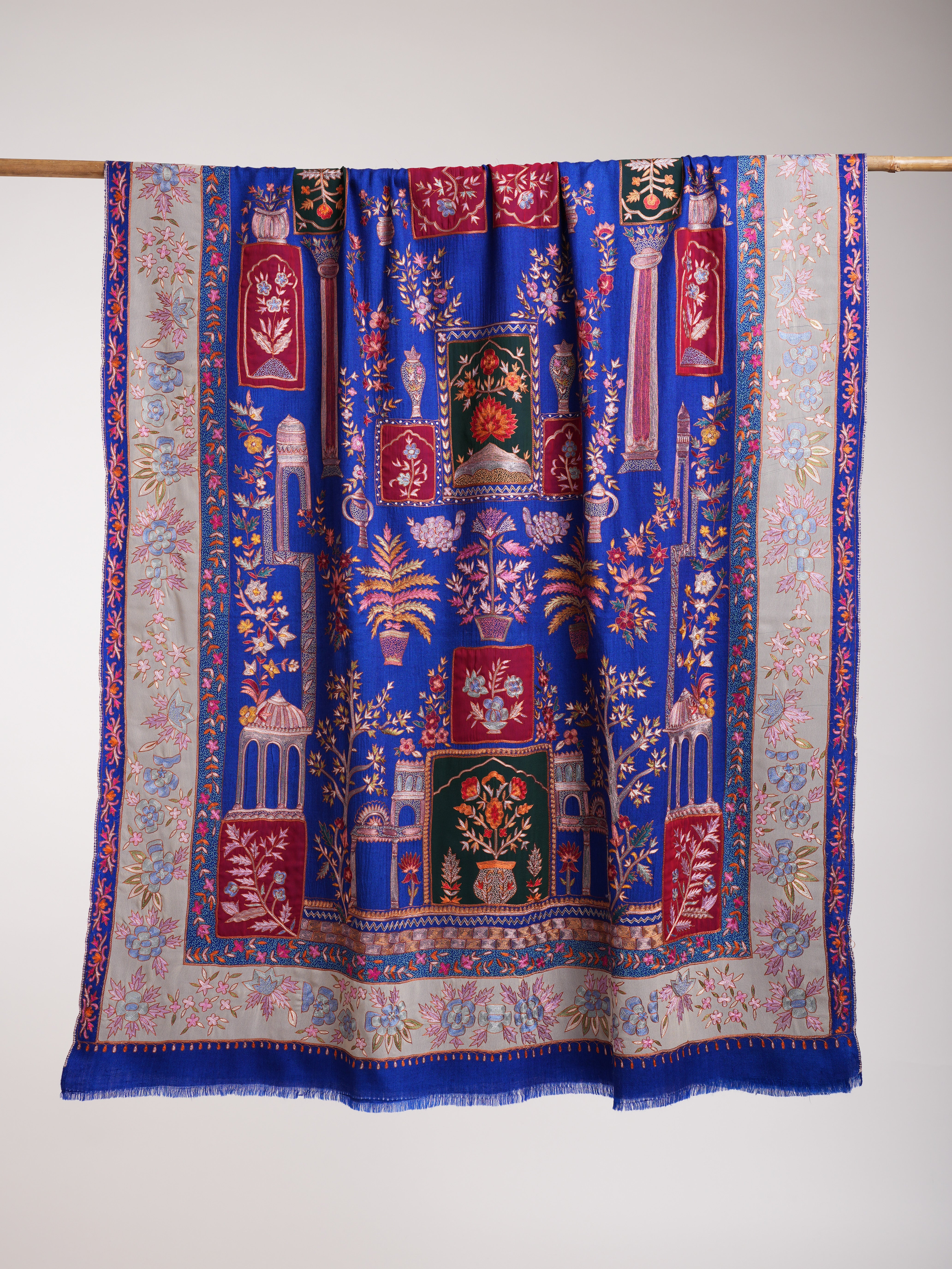 Blue Hand Embroidered Patched Pashmina Shawl