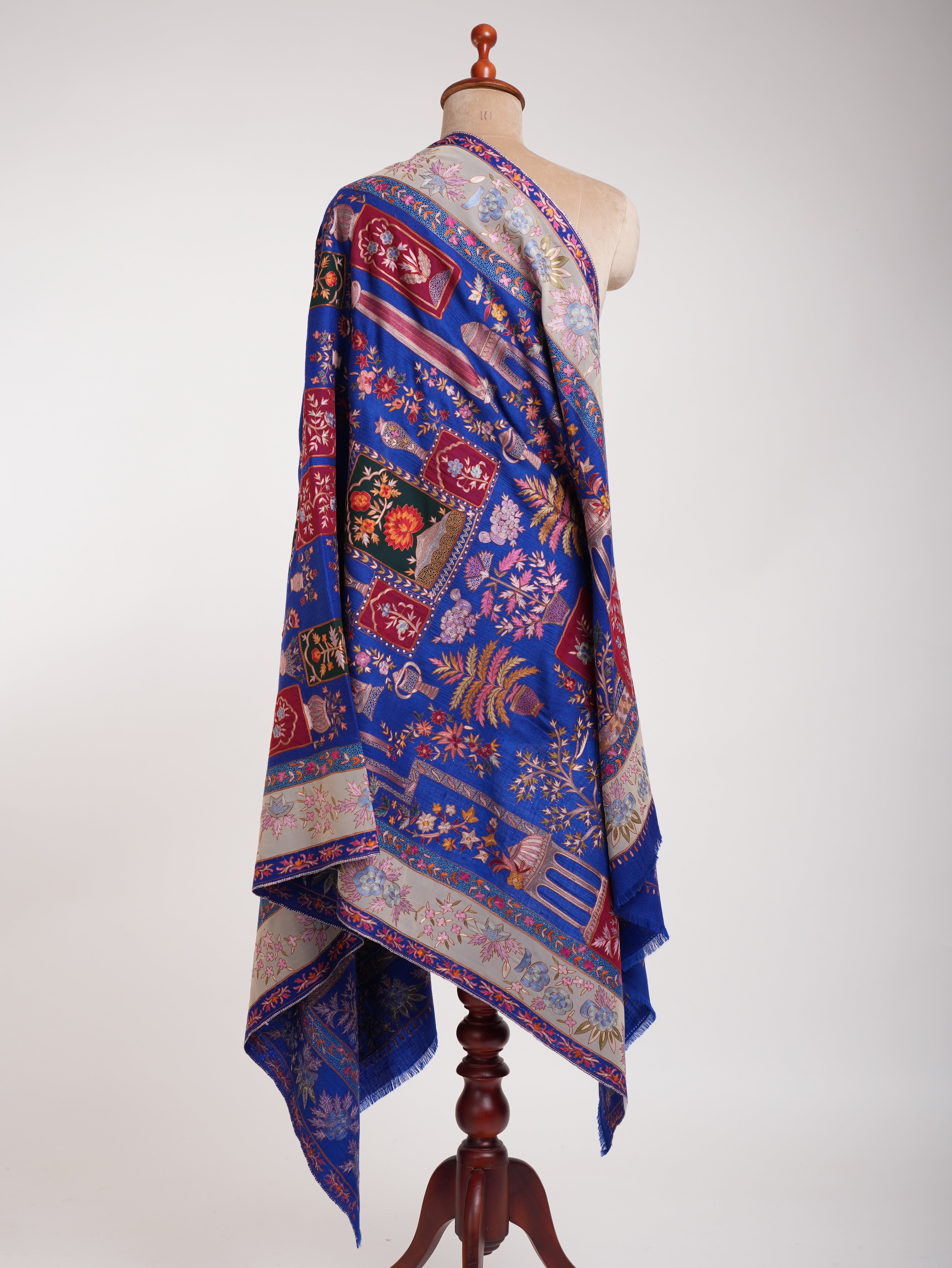 Blue Hand Embroidered Patched Pashmina Shawl